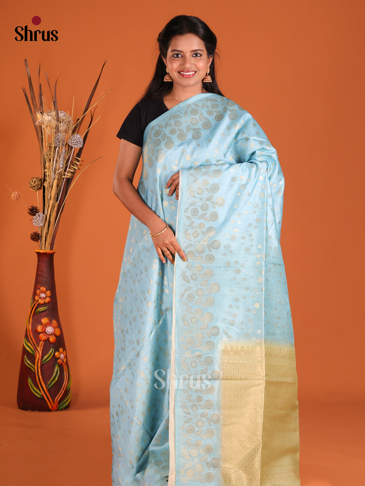 Blue & Light Green - Semi Tussar Saree - Shop on Shrus.com