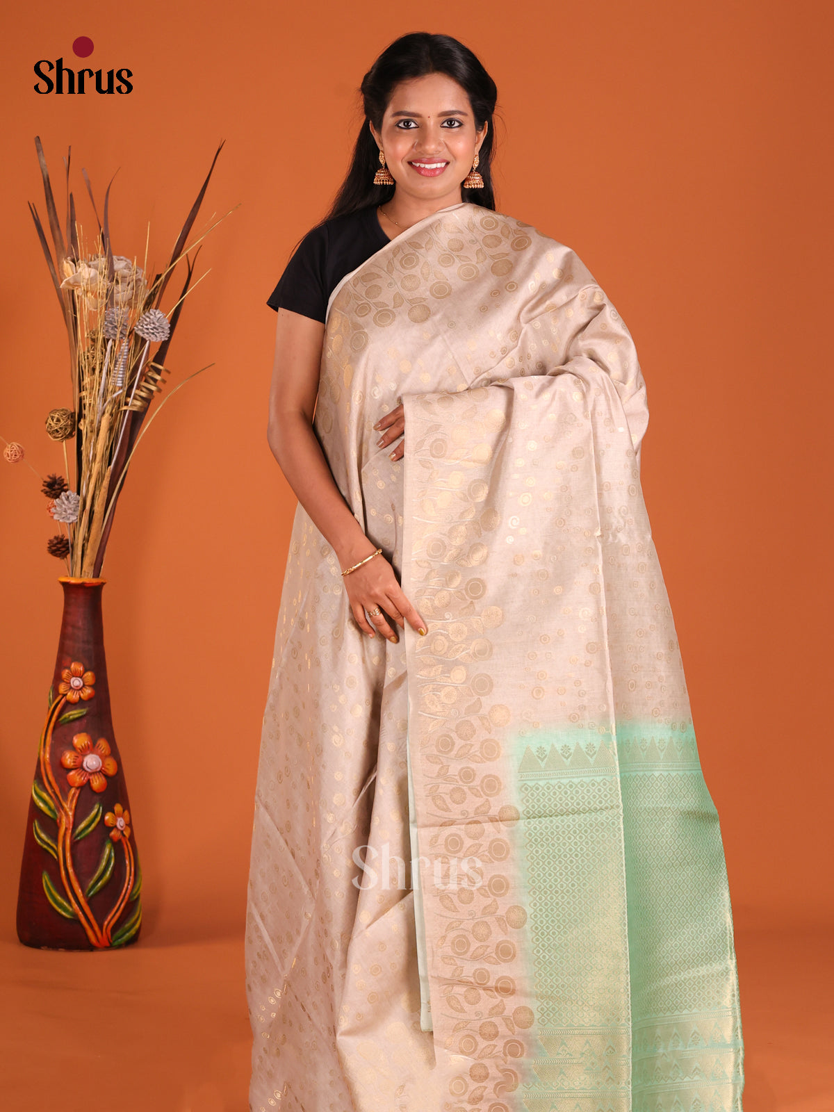 Grey & Teal Green- Semi Tussar Saree - Shop on Shrus.com