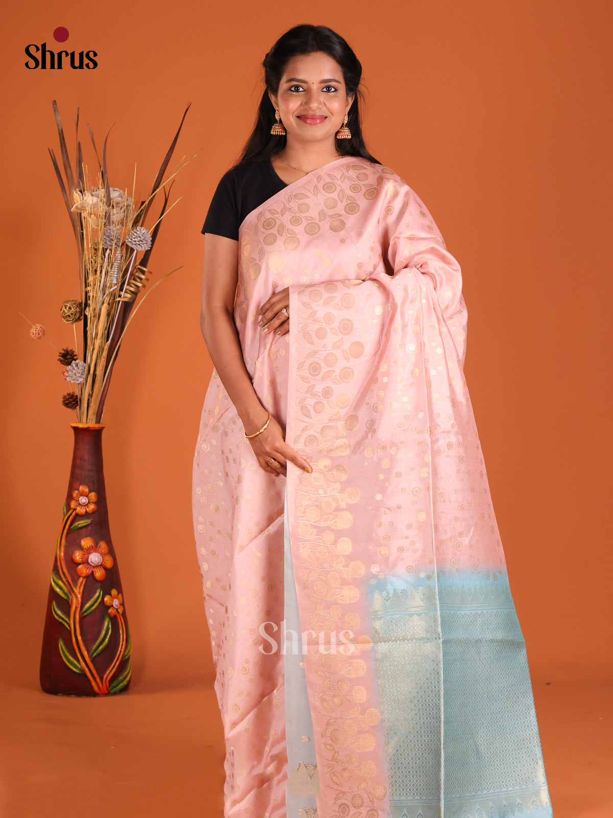 Pink & Pastel Blue - Semi Tussar Saree - Shop on Shrus.com