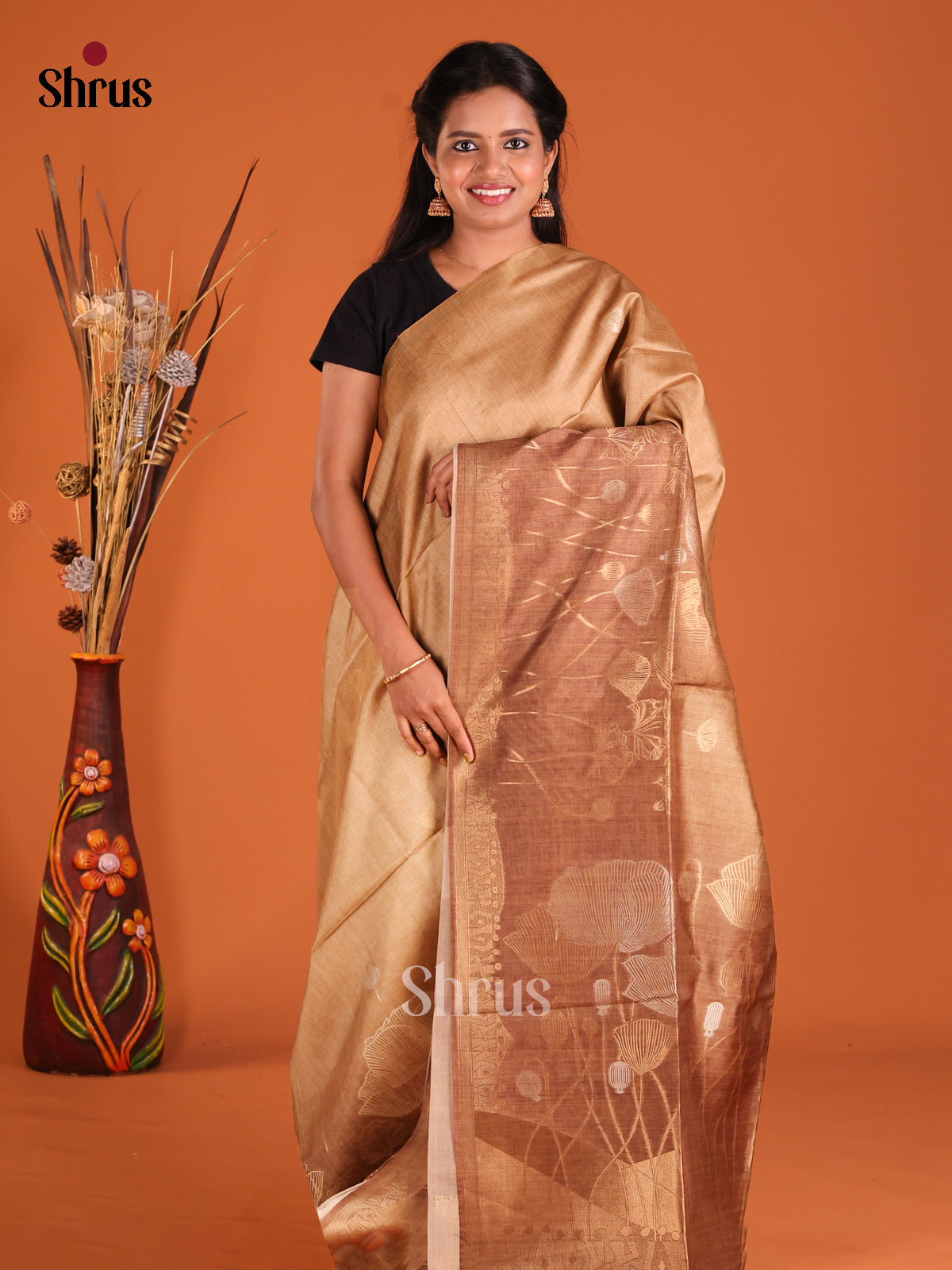 Gold & Brown - Semi Tussar Saree - Shop on Shrus.com