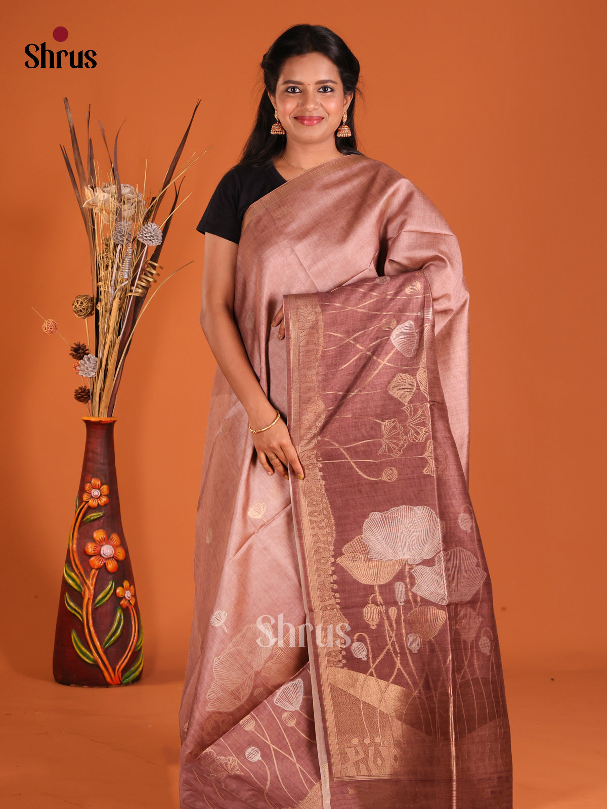 Dusty Brown & Brown - Semi Tussar Saree - Shop on Shrus.com