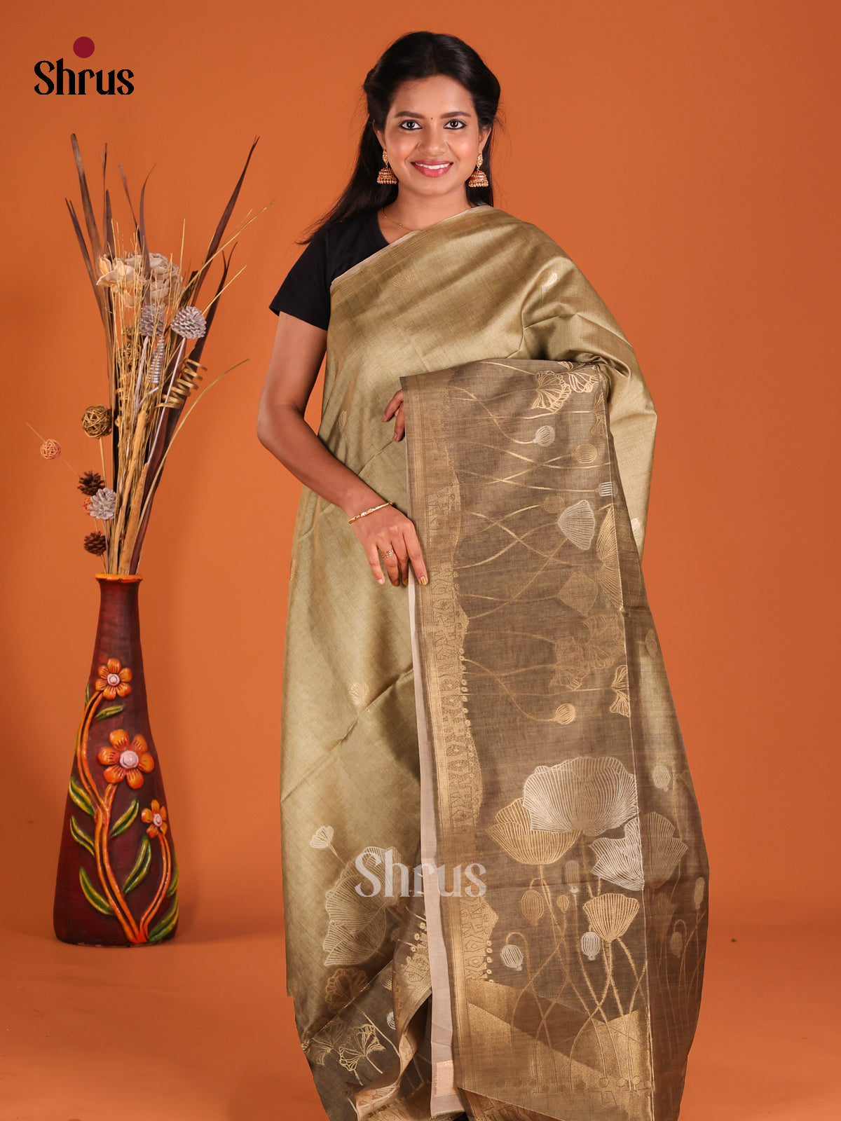 Gold & Grey - Semi Tussar Saree - Shop on Shrus.com