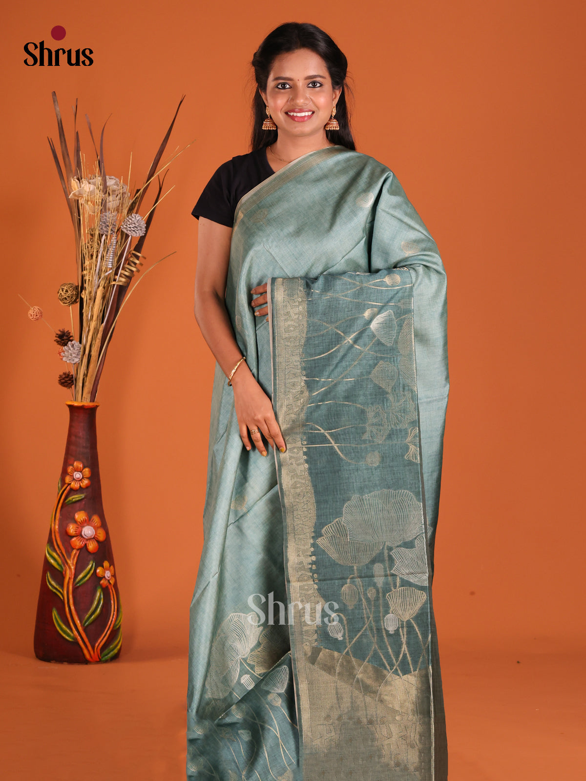 Grey & Green - Semi Tussar Saree - Shop on Shrus.com