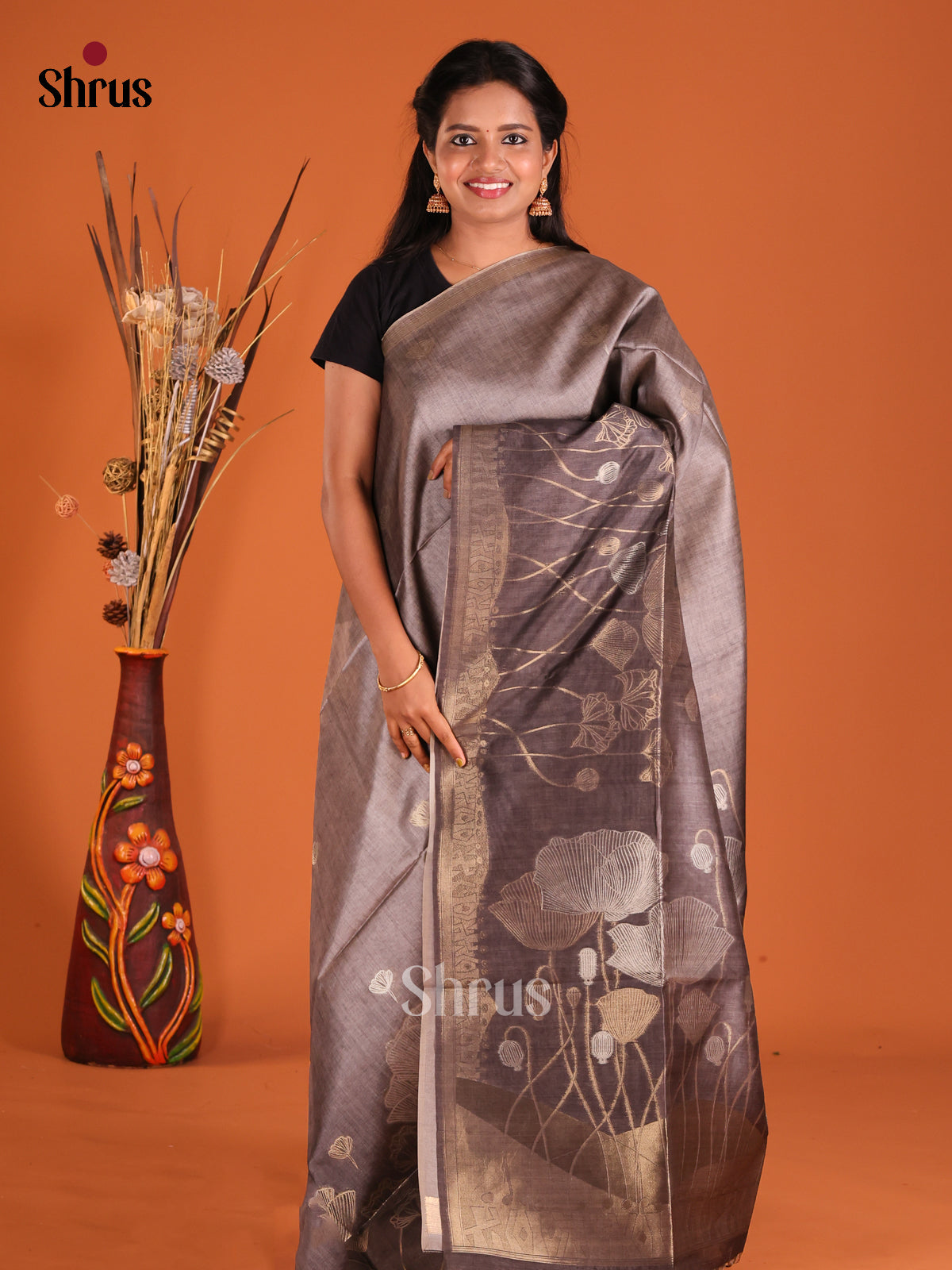 Grey - Semi Tussar Saree - Shop on Shrus.com