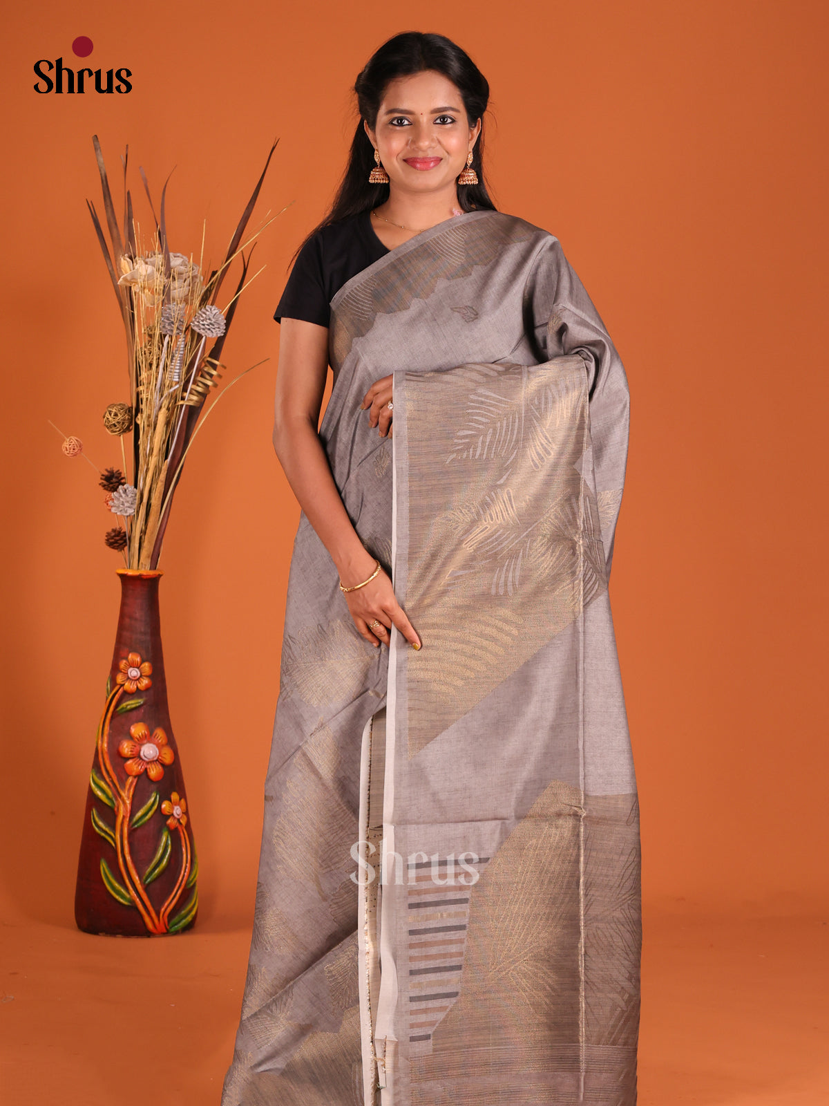 Grey - Semi Tussar Saree - Shop on Shrus.com
