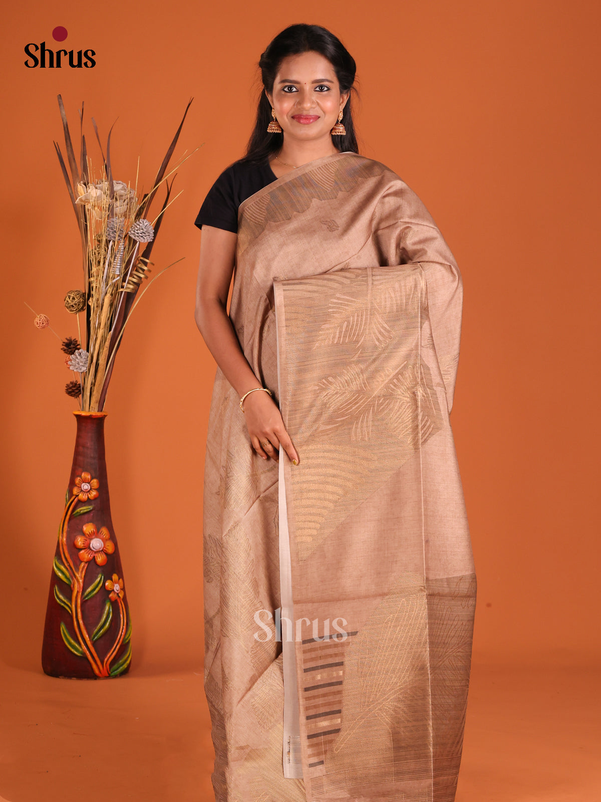 Brown - Semi Tussar Saree - Shop on Shrus.com