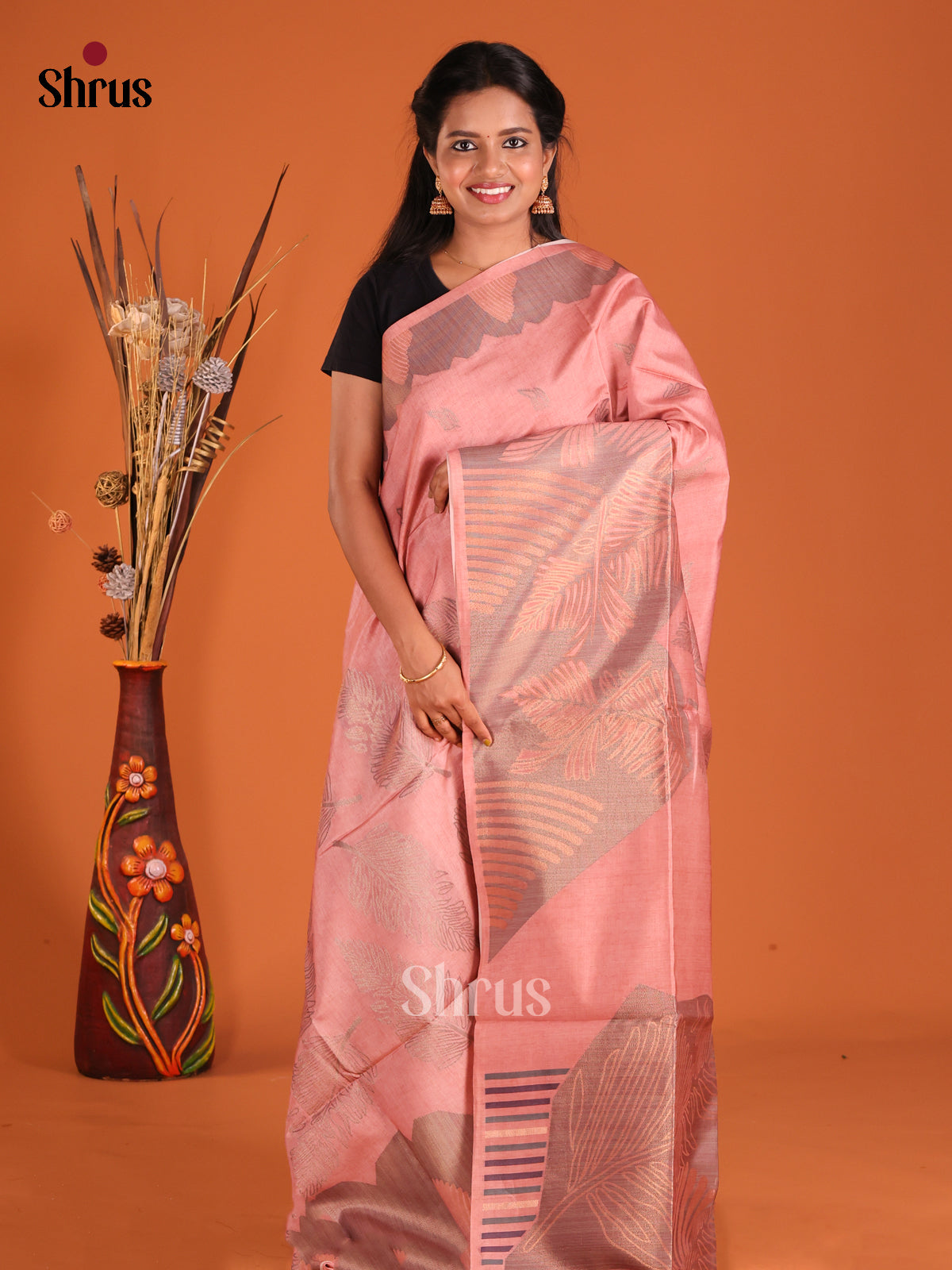 Pink - Semi Tussar Saree - Shop on Shrus.com