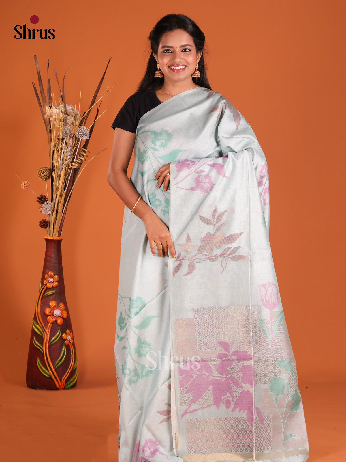 Pastel Blue - Semi Tussar Saree - Shop on Shrus.com