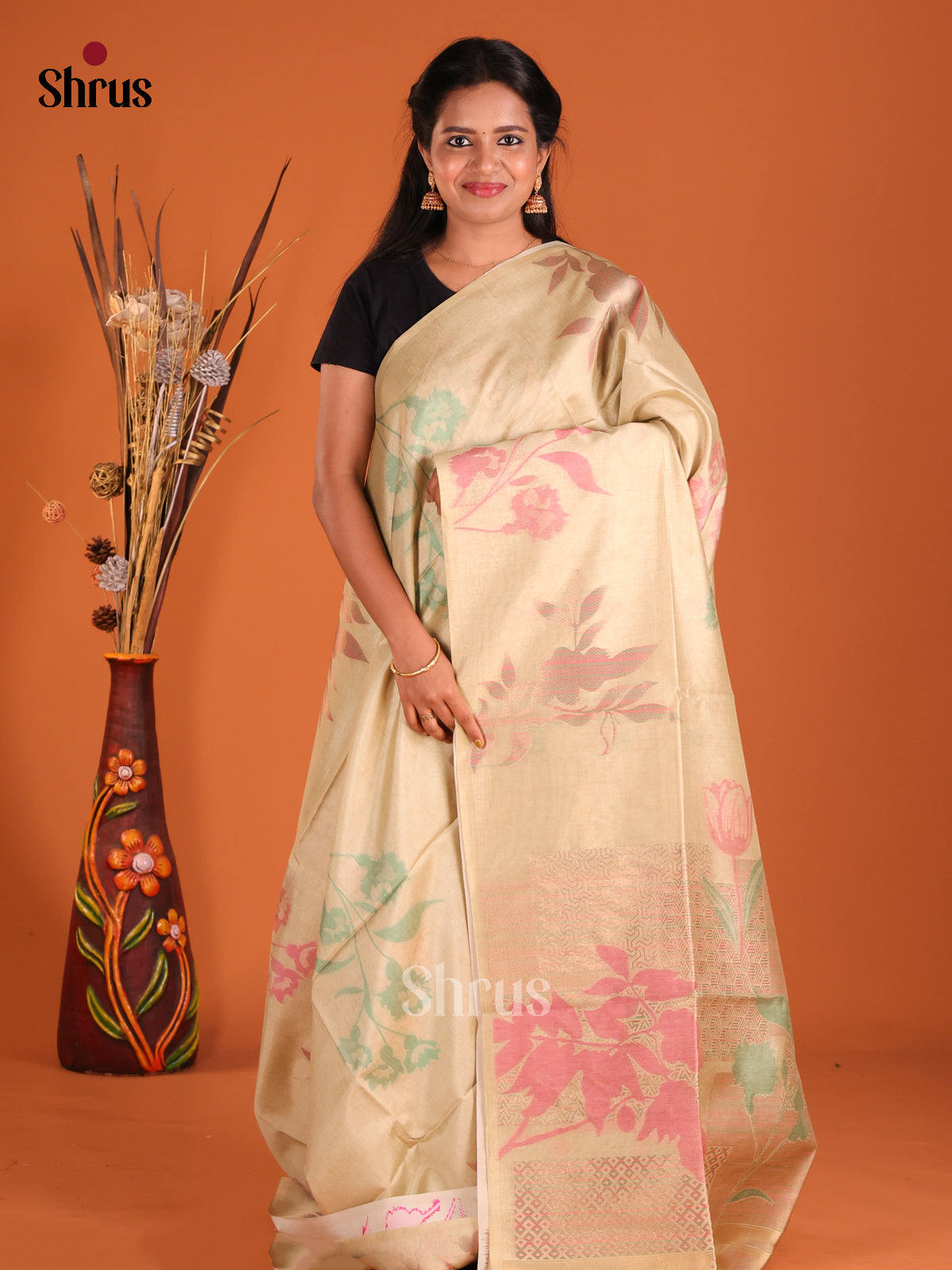 Beige - Semi Tussar Saree - Shop on Shrus.com