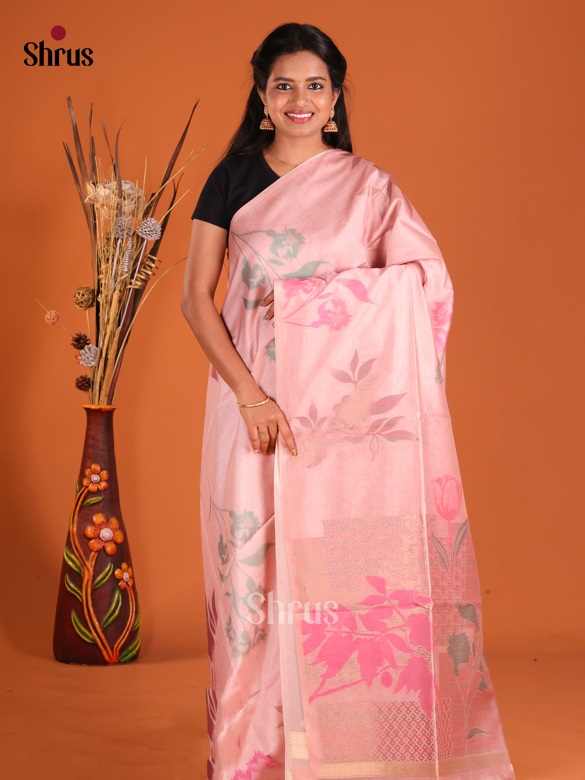 Pink - Semi Tussar Saree - Shop on Shrus.com
