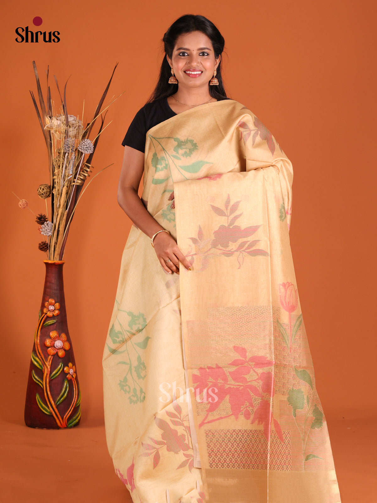 Peach- Semi Tussar Saree - Shop on Shrus.com