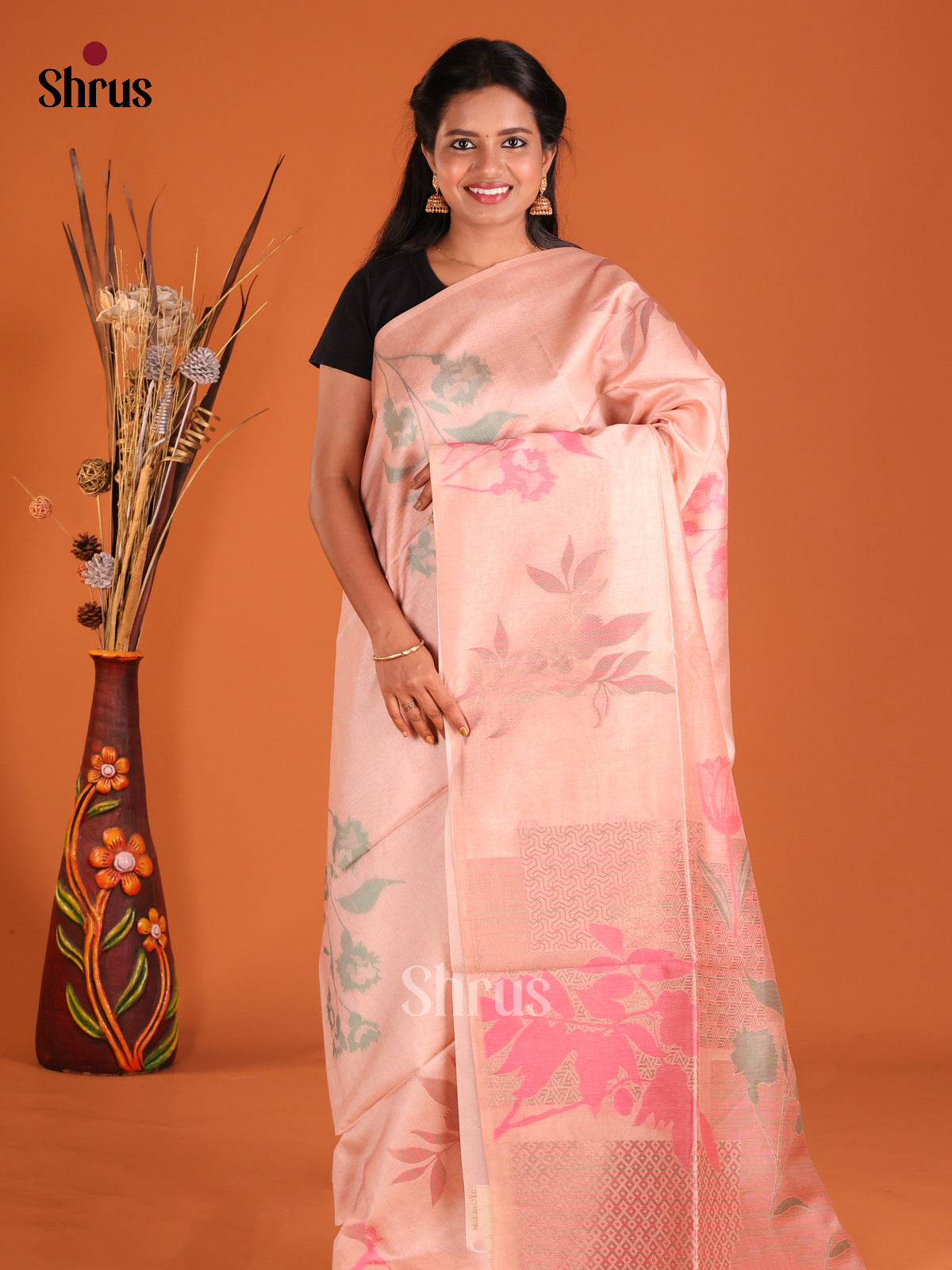 Pink - Semi Tussar Saree - Shop on Shrus.com