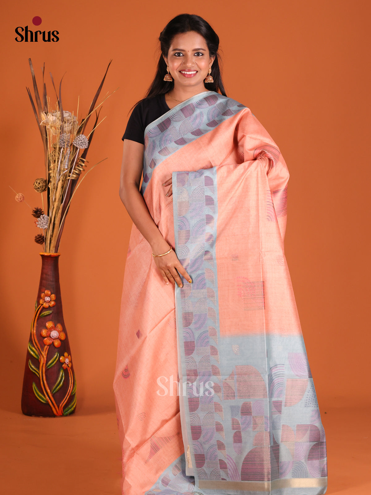 Peach & Blue- Semi Tussar Saree - Shop on Shrus.com