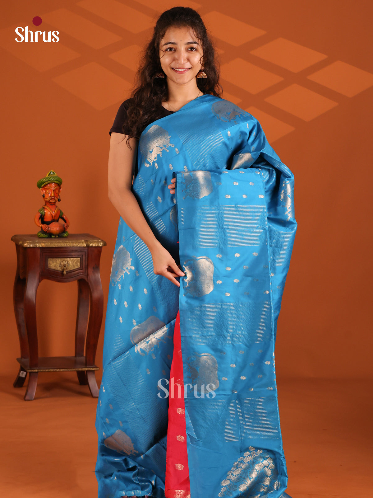 Blue & Red - Semi Softsilk Saree - Shop on Shrus.com