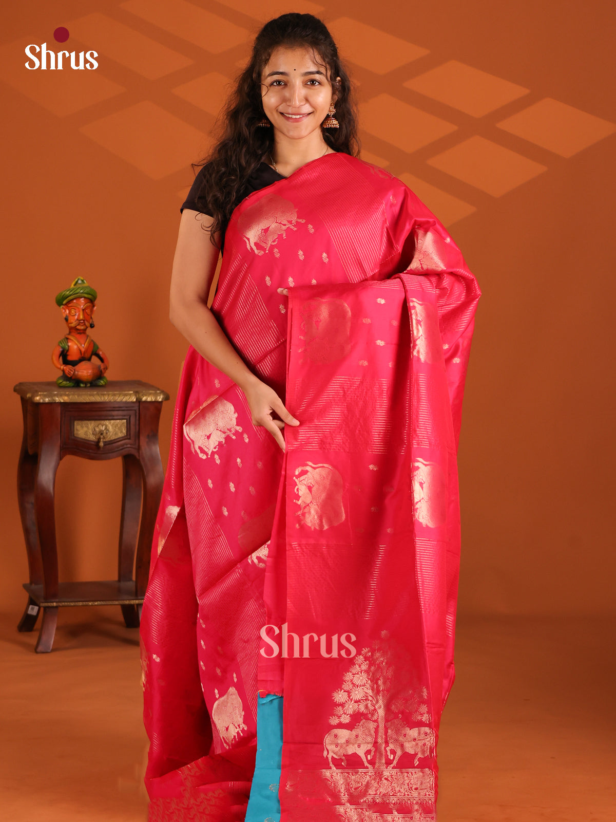 Pink & Teal - Semi Softsilk Saree - Shop on Shrus.com