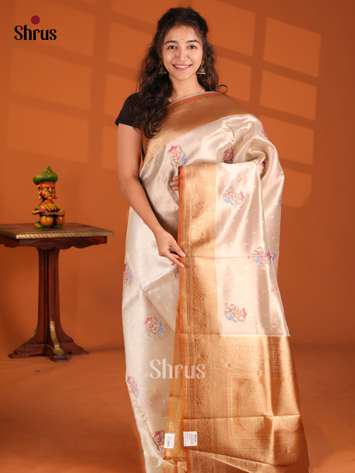 Cream and Brick - Tissue Saree - Shop on Shrus.com