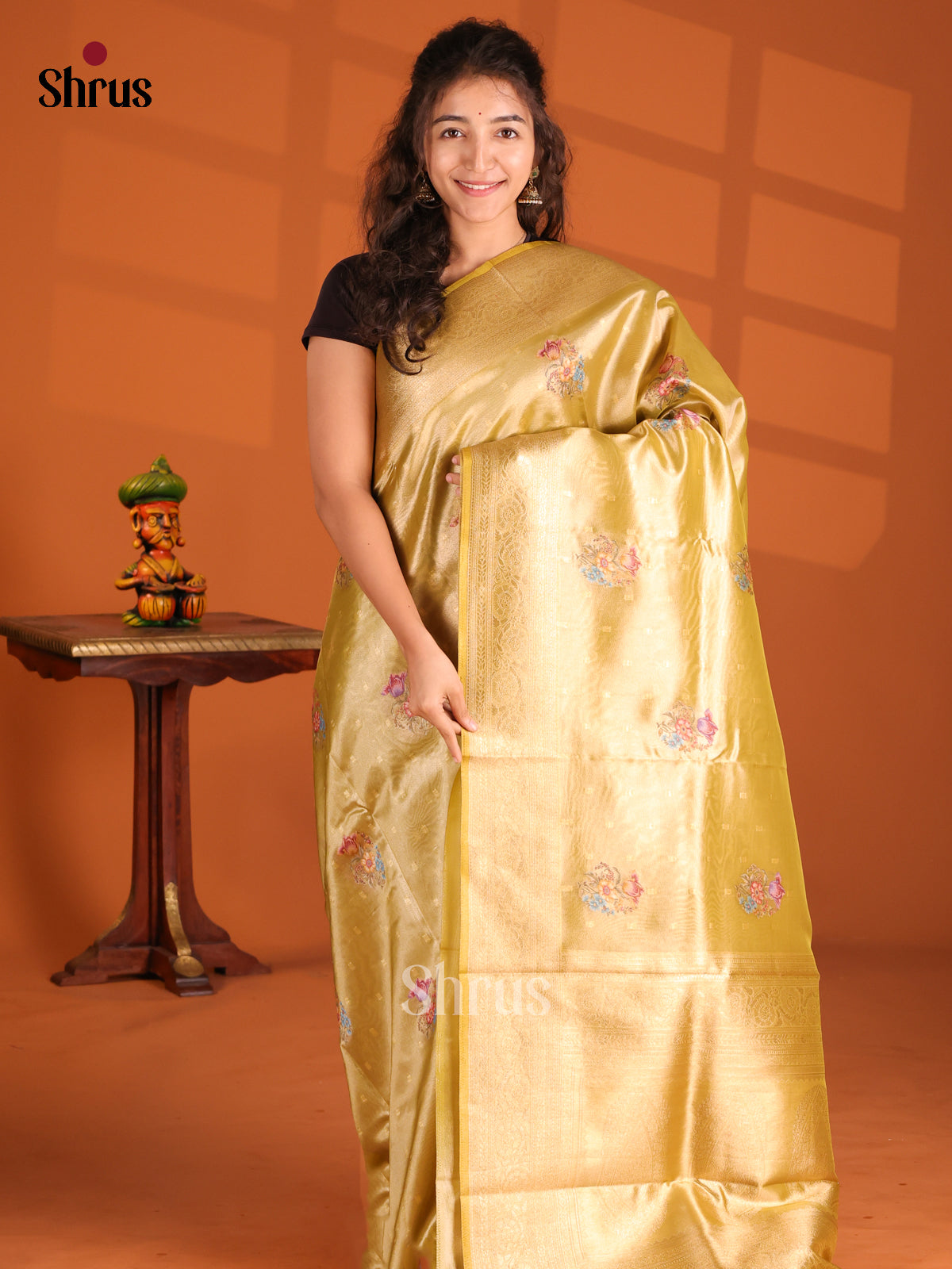 Mustard Green- Tissue Saree - Shop on Shrus.com