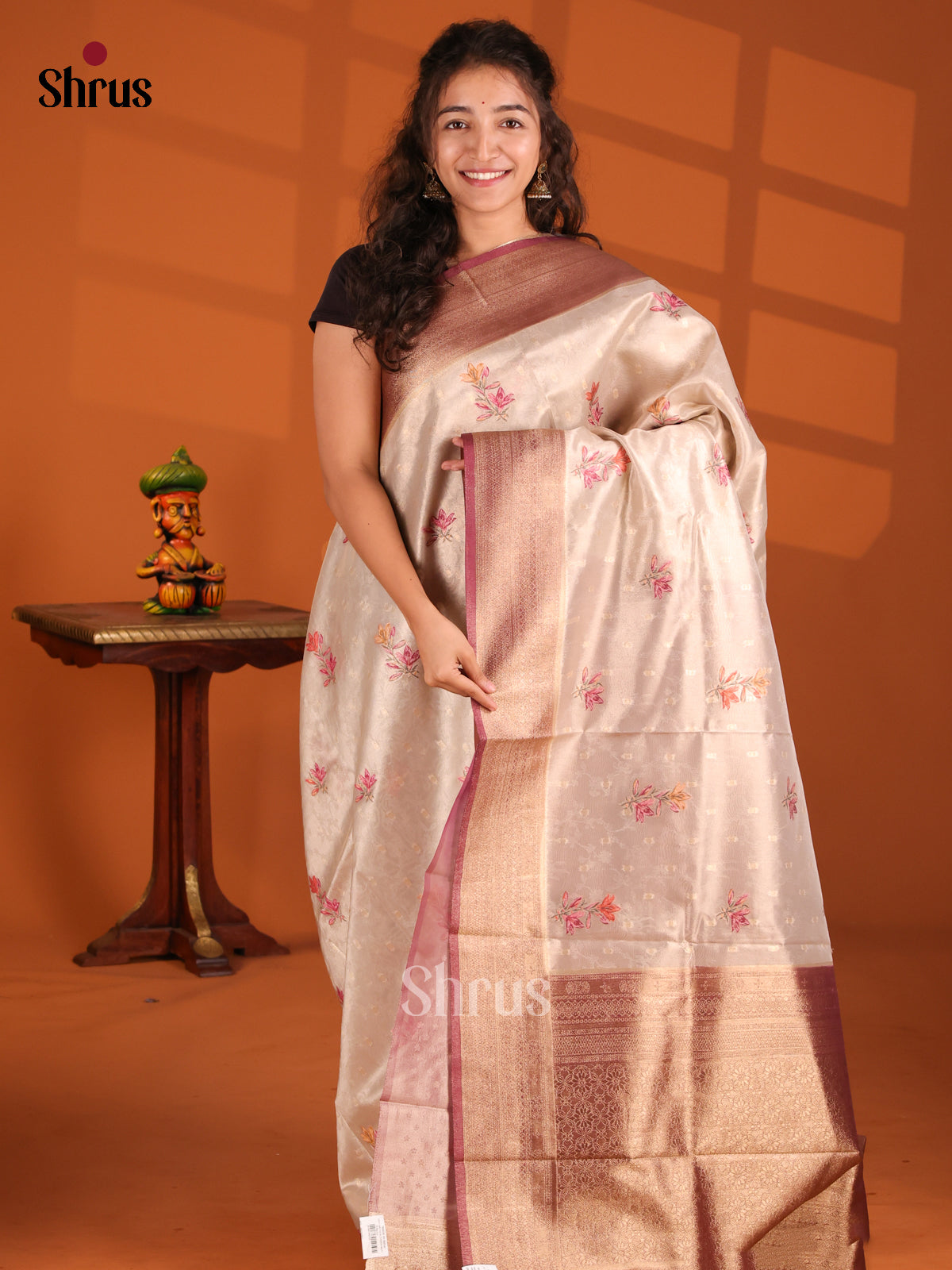 Cream and Maroon- Tissue Saree - Shop on Shrus.com