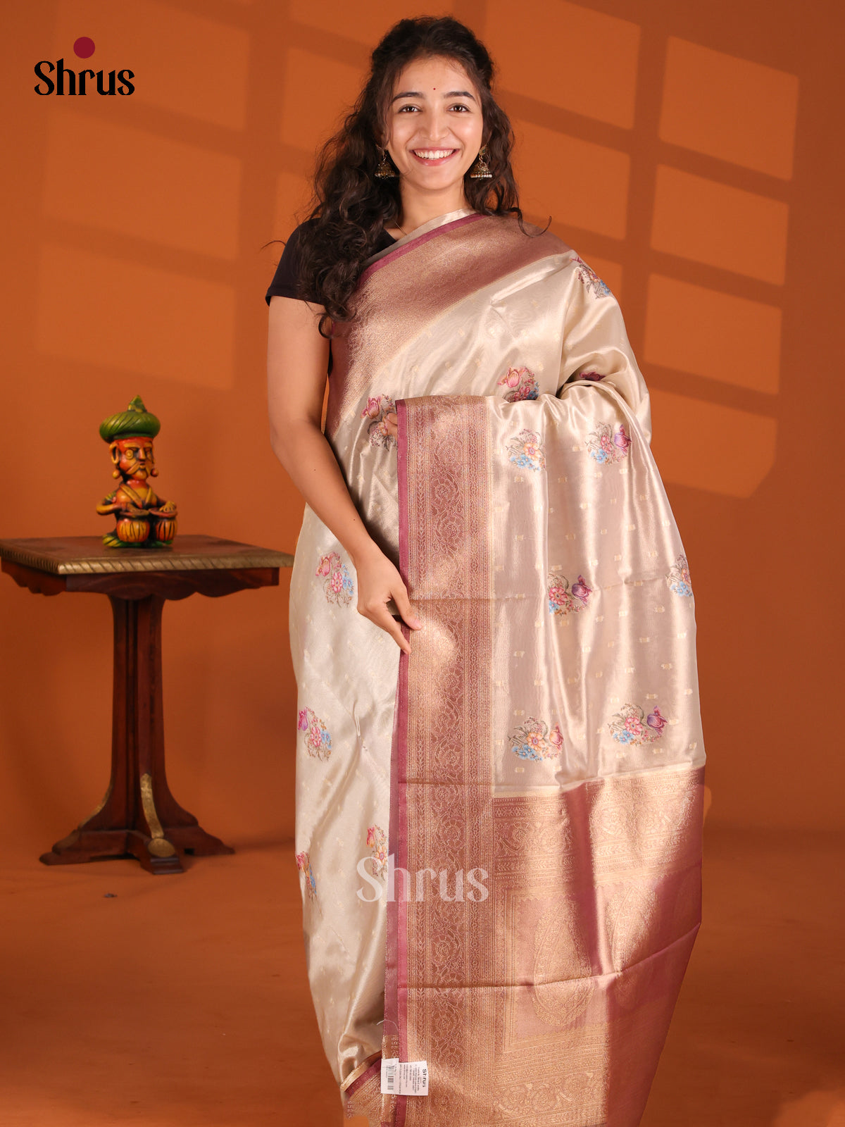 Cream and maroon- Tissue Saree - Shop on Shrus.com