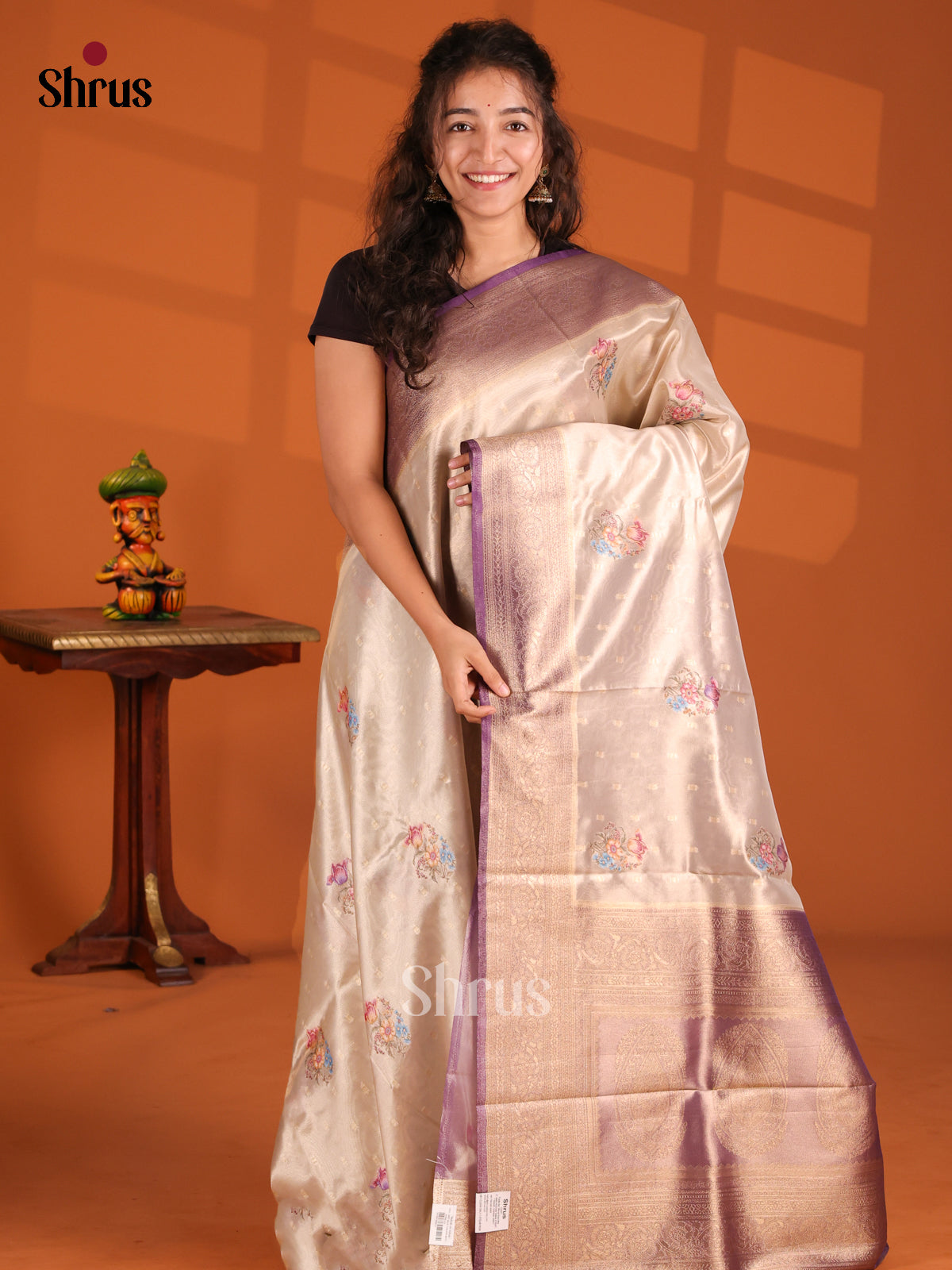 Cream & Lavender - Tissue Saree - Shop on Shrus.com