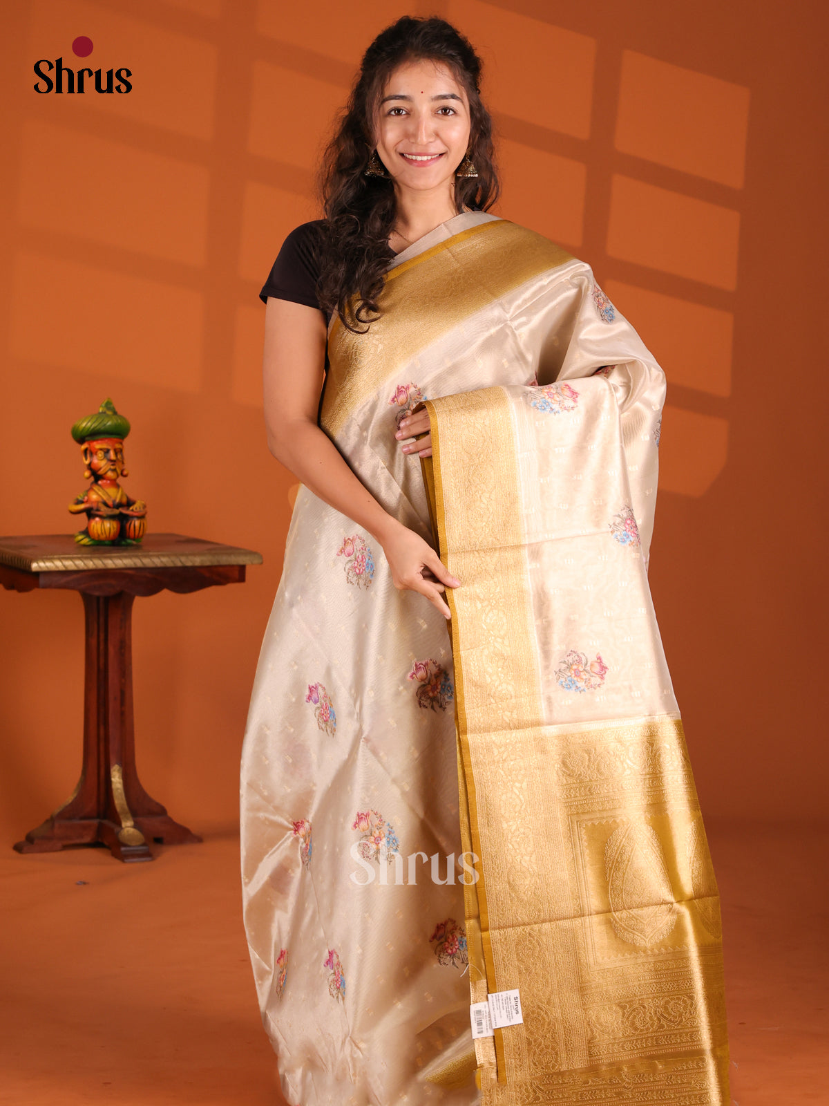 Cream & Mustard- Tissue Saree - Shop on Shrus.com