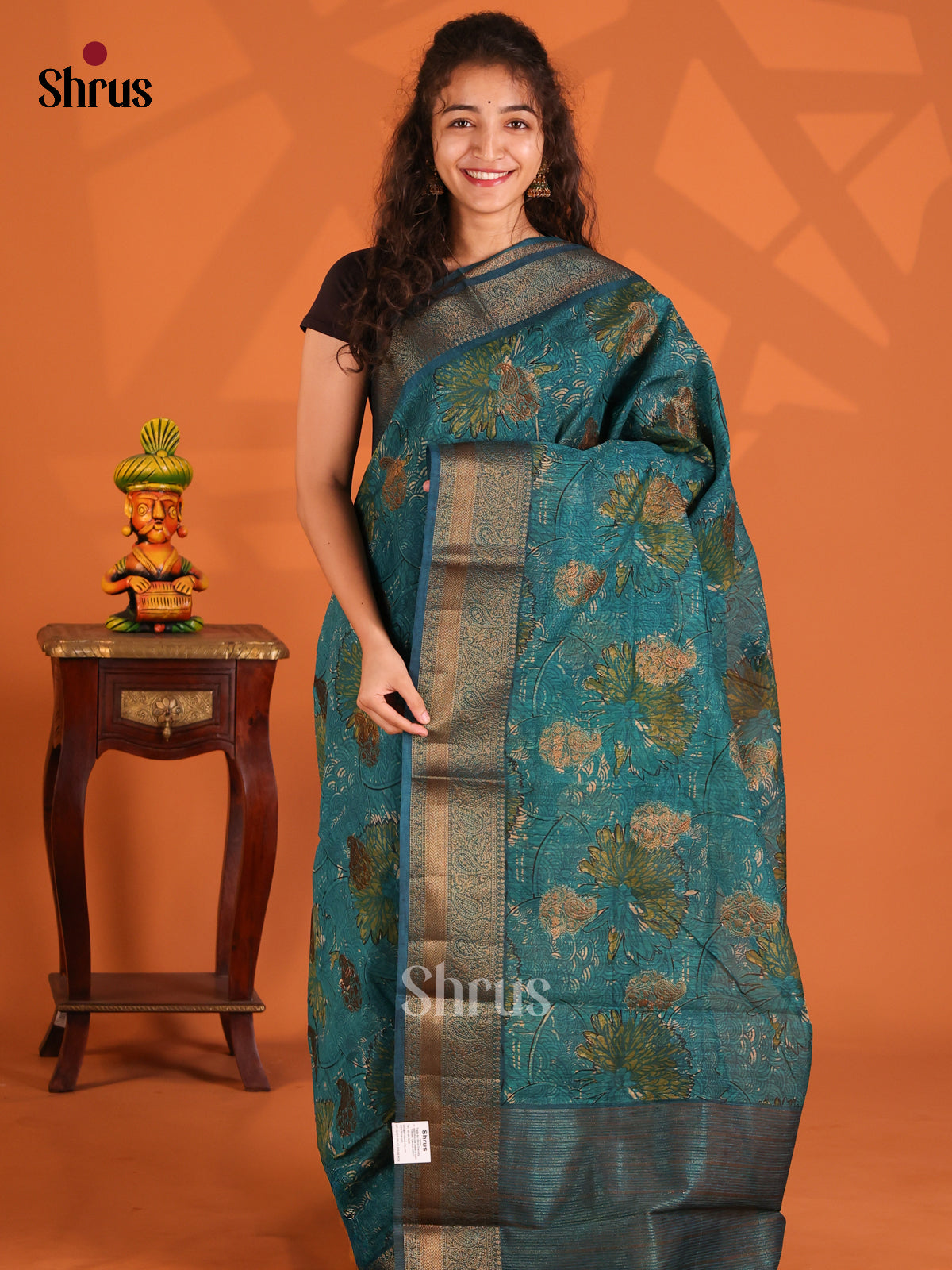 Teal Blue - Semi Linen printed Saree - Shop on Shrus.com