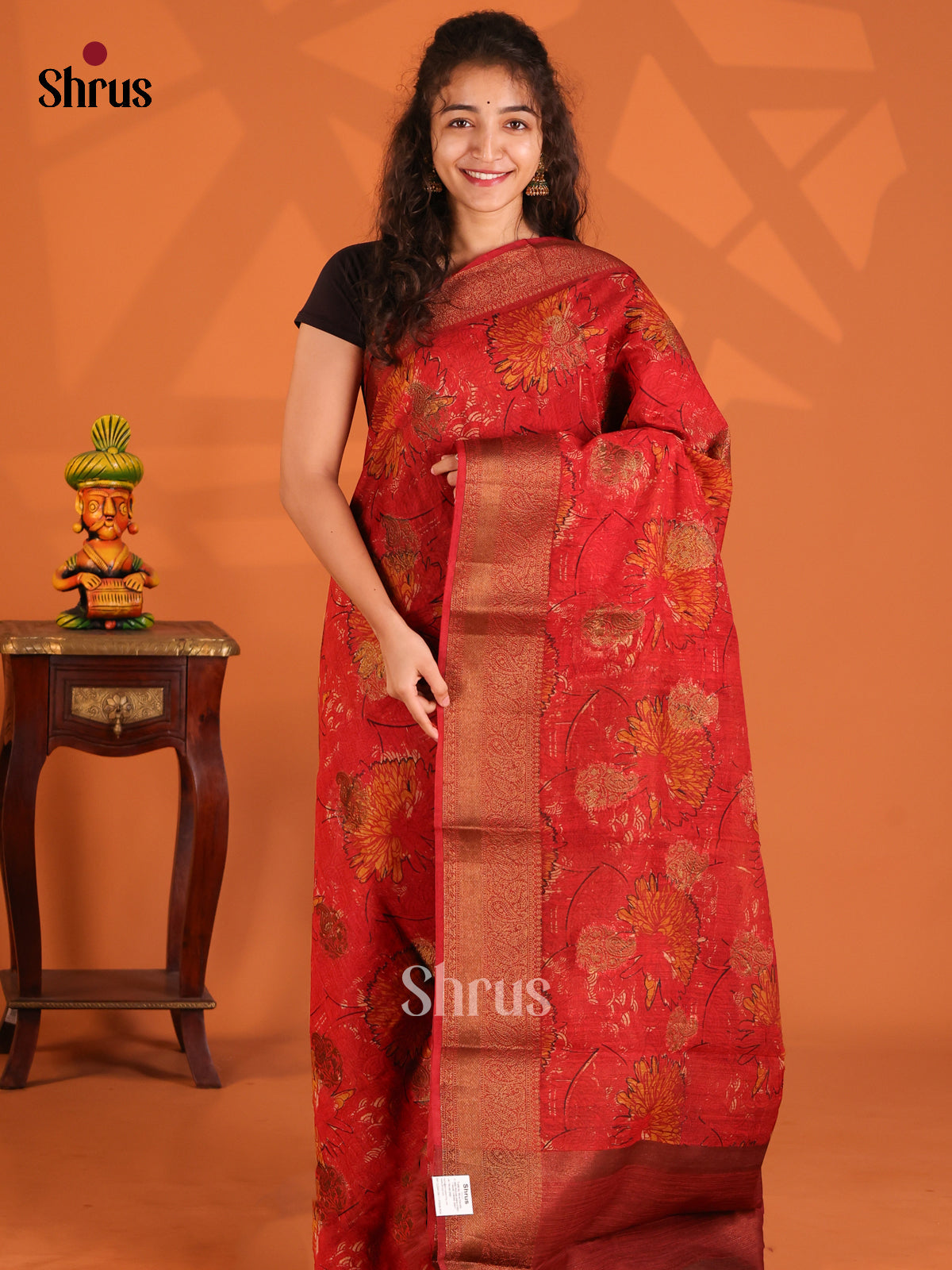 Red - Semi Linen printed Saree - Shop on Shrus.com