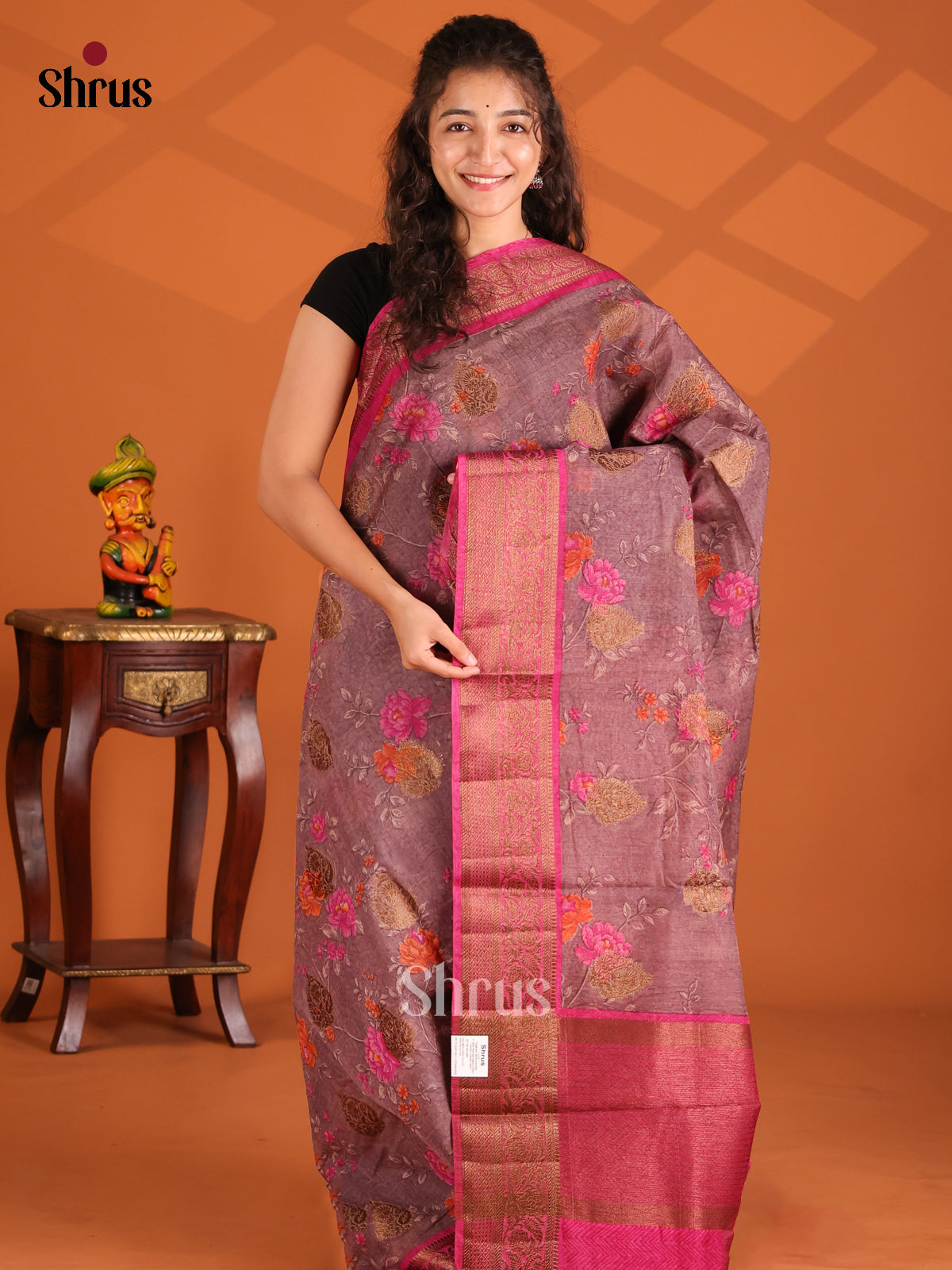 Grey & Pink -Semi Linen printed Saree - Shop on Shrus.com