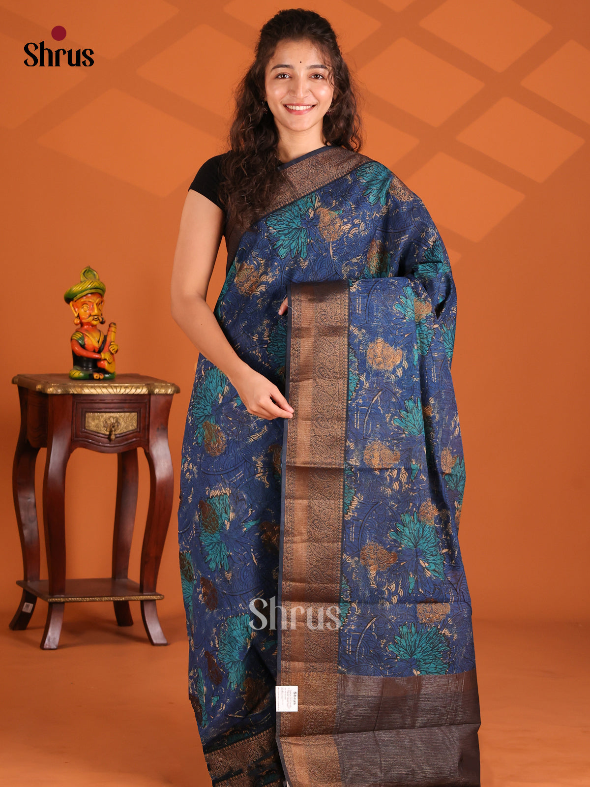 Blue - Semi Linen printed Saree - Shop on Shrus.com