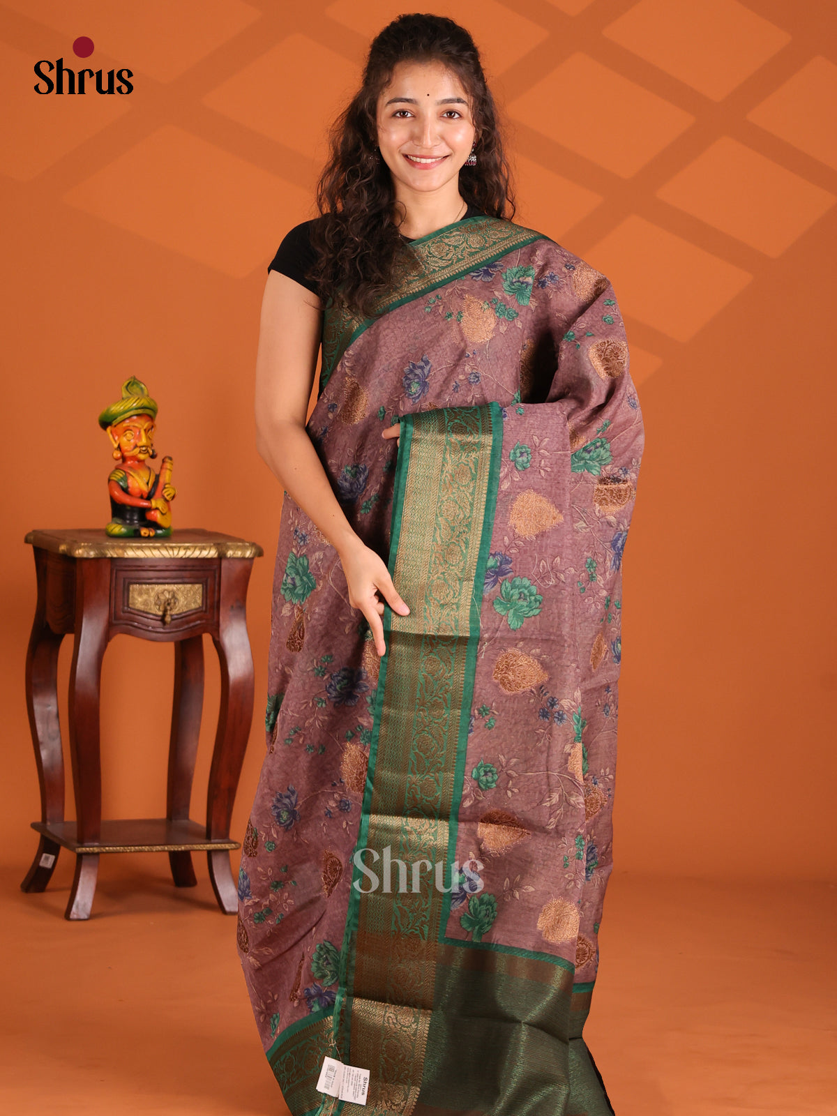 Onion Pink & Green - Semi Linen printed Saree - Shop on Shrus.com
