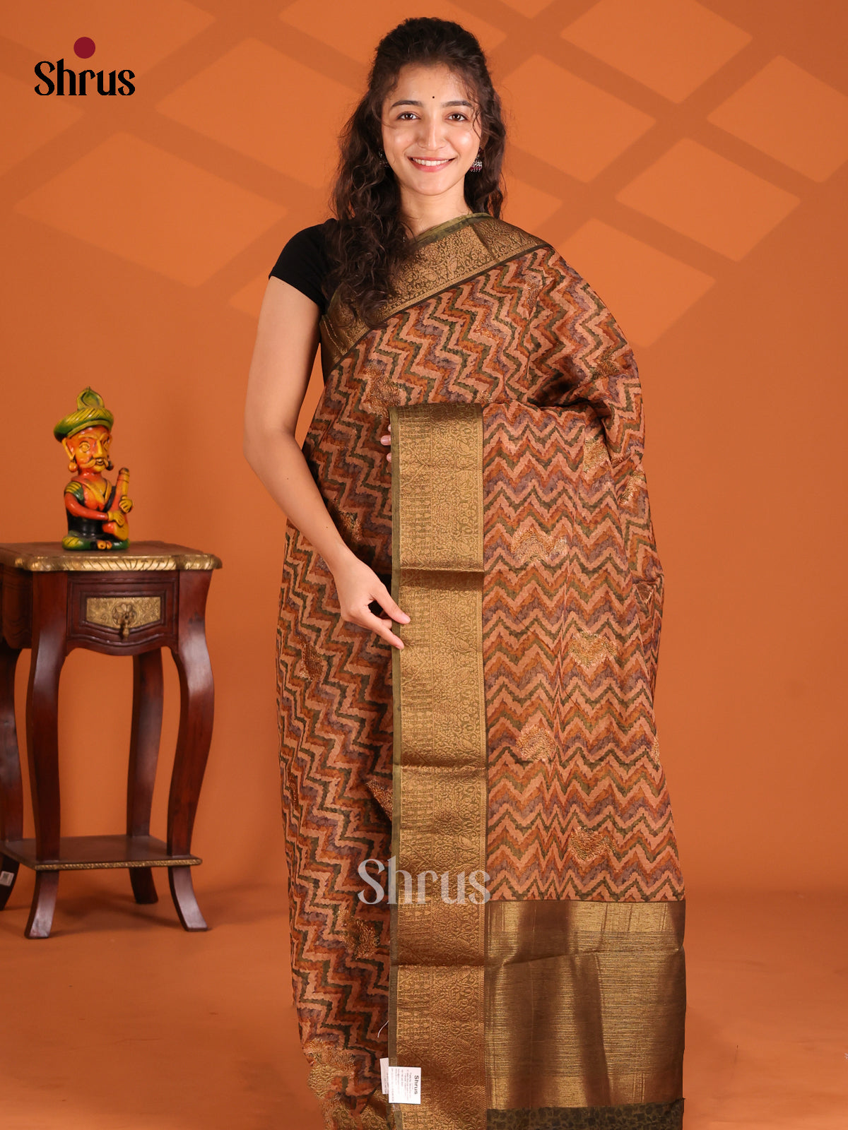 Brown & Green - Semi Linen printed Saree - Shop on Shrus.com