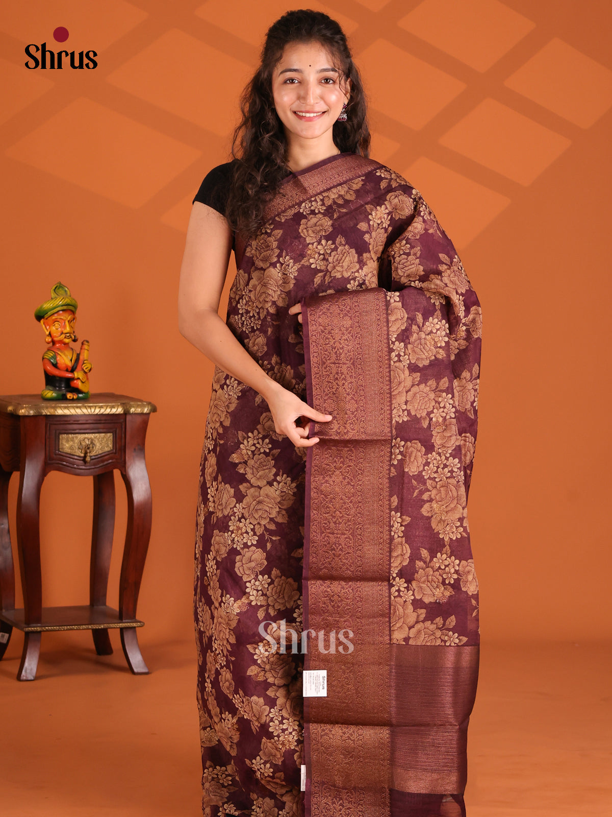 Purple - Semi Linen printed Saree - Shop on Shrus.com