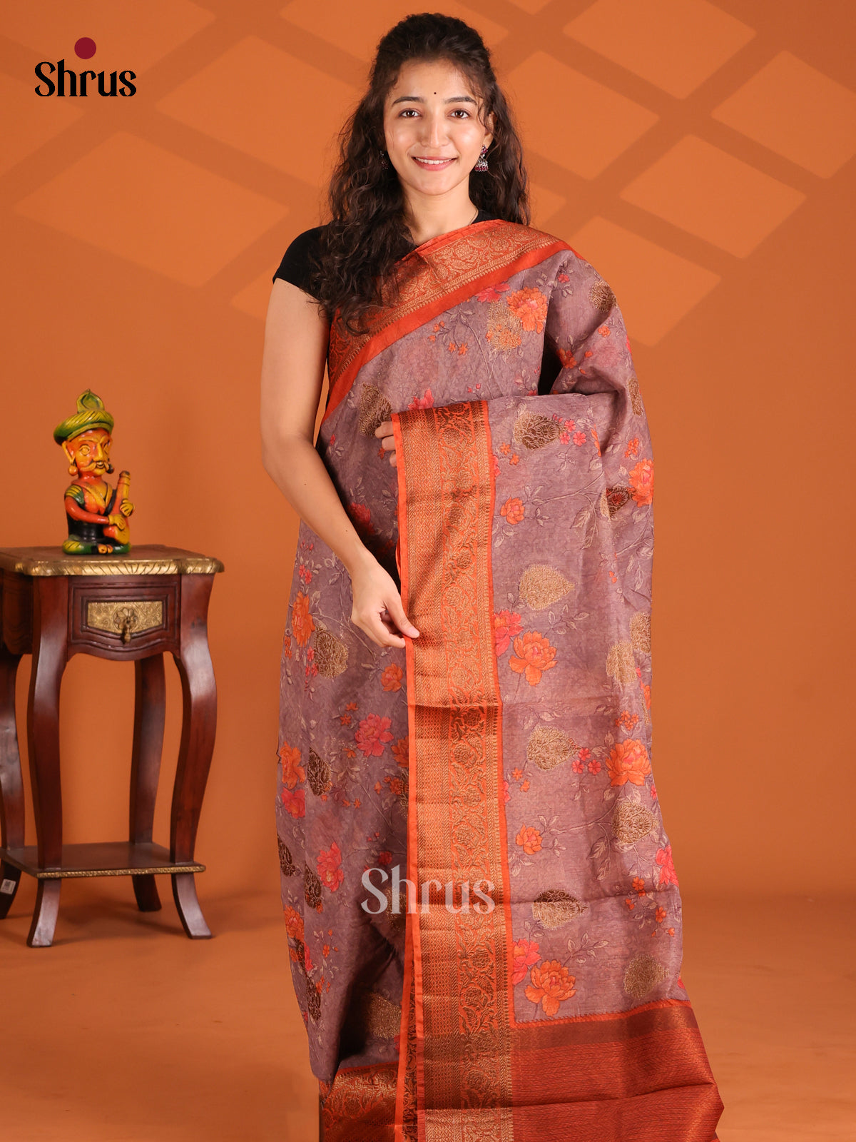 Grey & Orange - Semi Linen printed Saree - Shop on Shrus.com