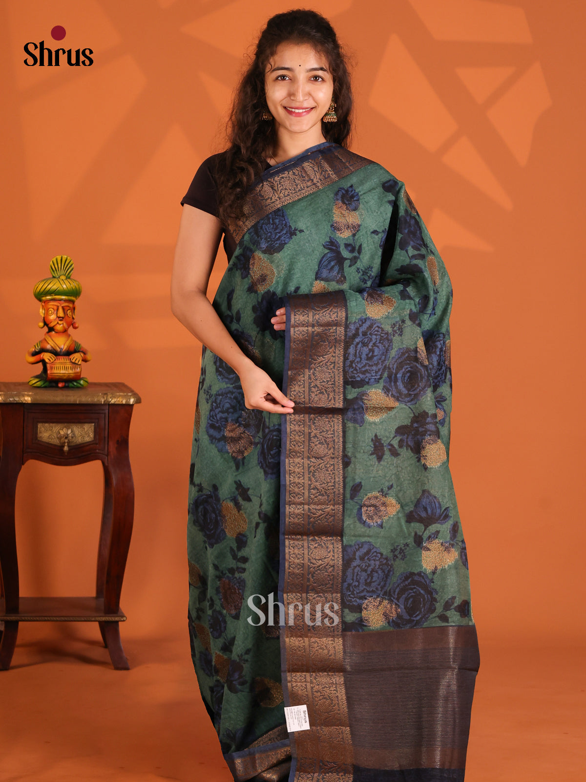 Green & Blue- Semi Linen printed Saree - Shop on Shrus.com