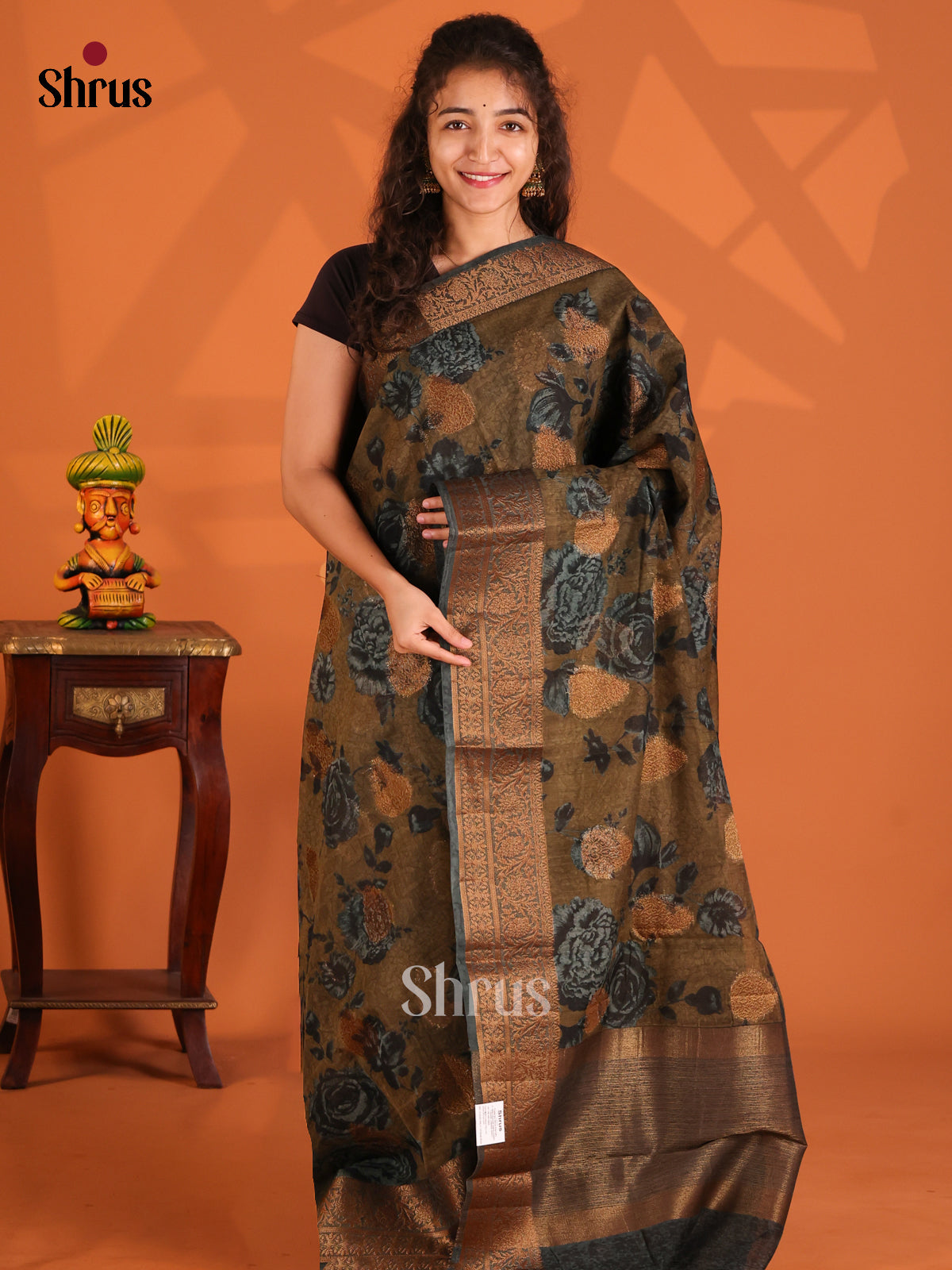 Mustardy Green -Semi Linen print Saree - Shop on Shrus.com
