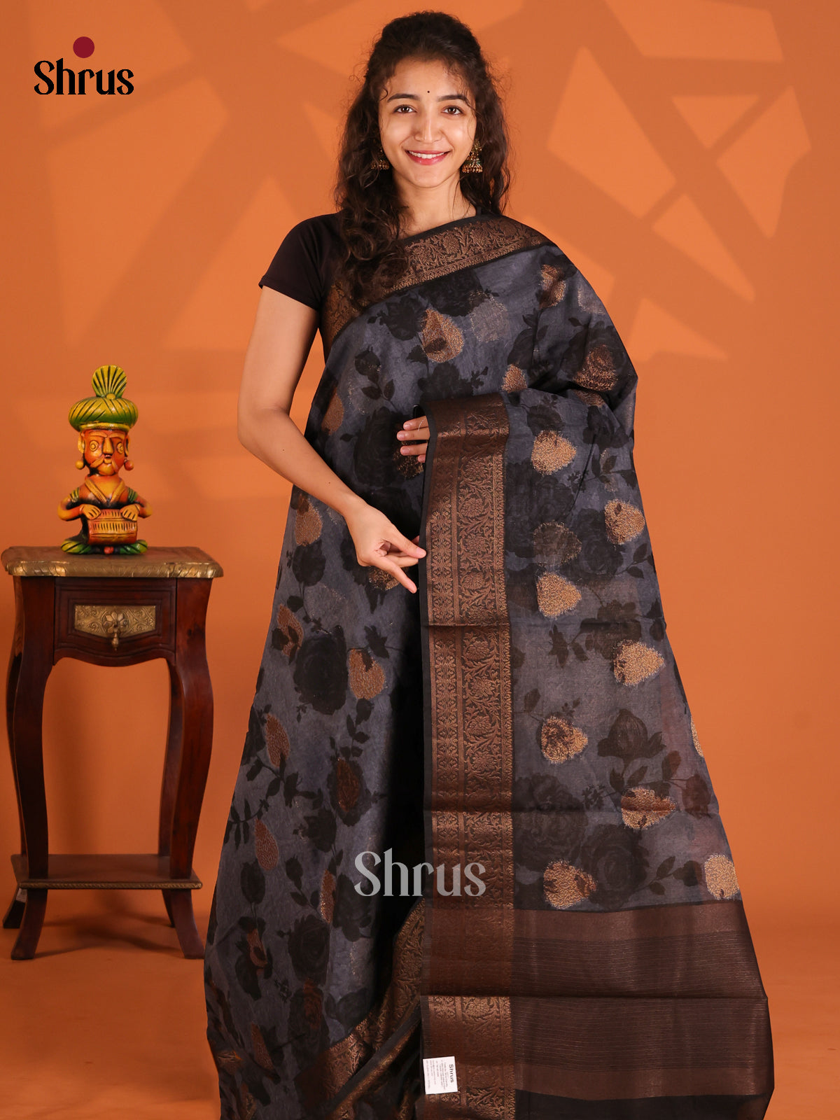 Grey & Black - Semi Linen print Saree - Shop on Shrus.com