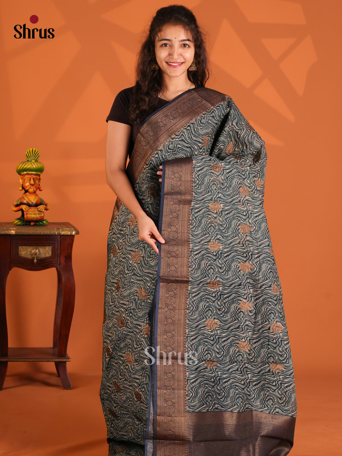 Blue- Semi Linen print Saree - Shop on Shrus.com