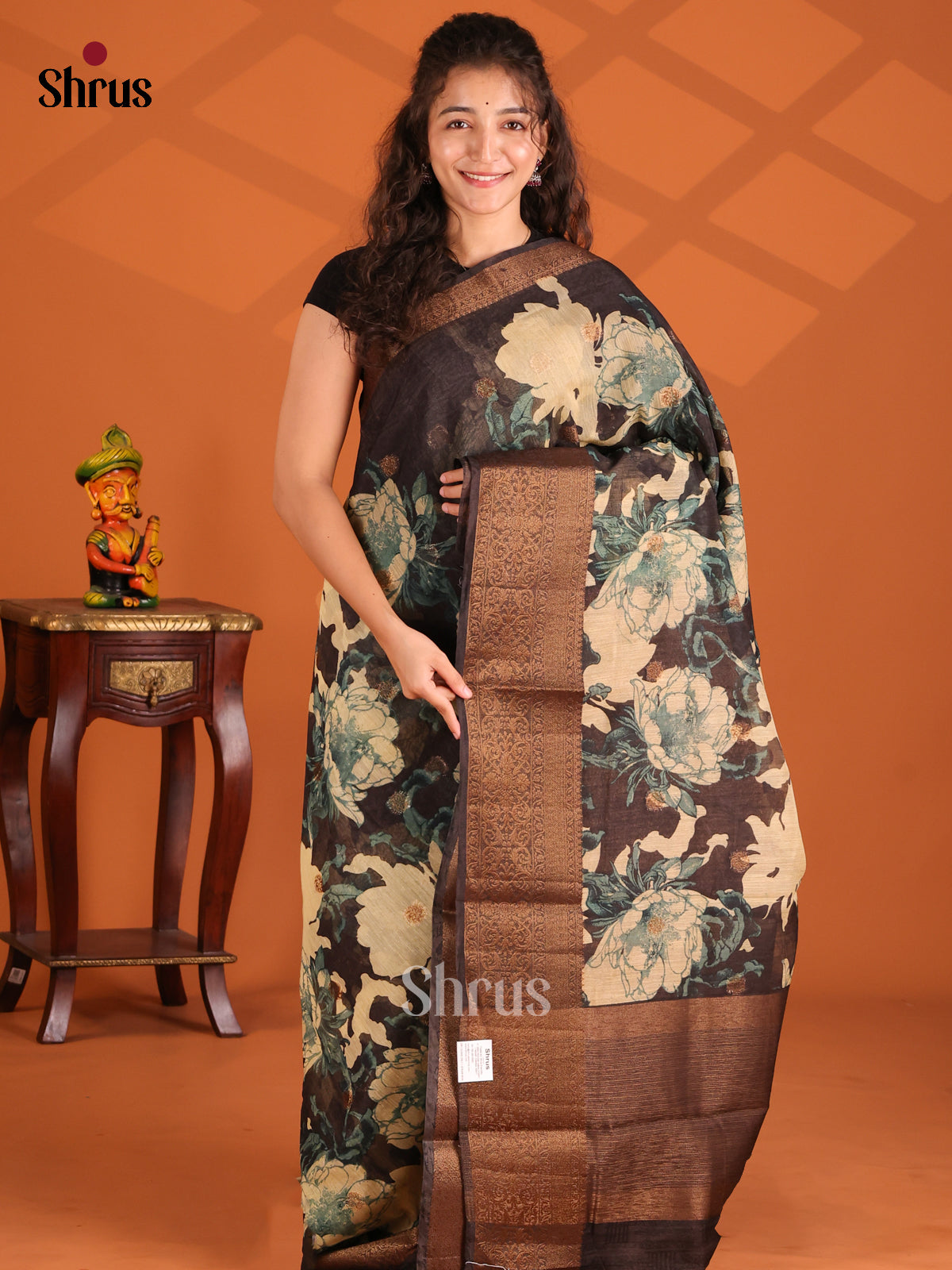 black - Semi Linen print Saree - Shop on Shrus.com