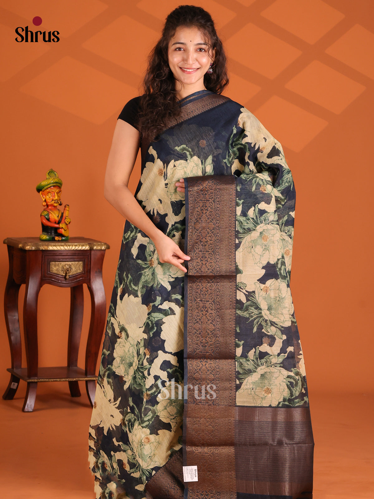 Blue - Semi Linen print Saree - Shop on Shrus.com