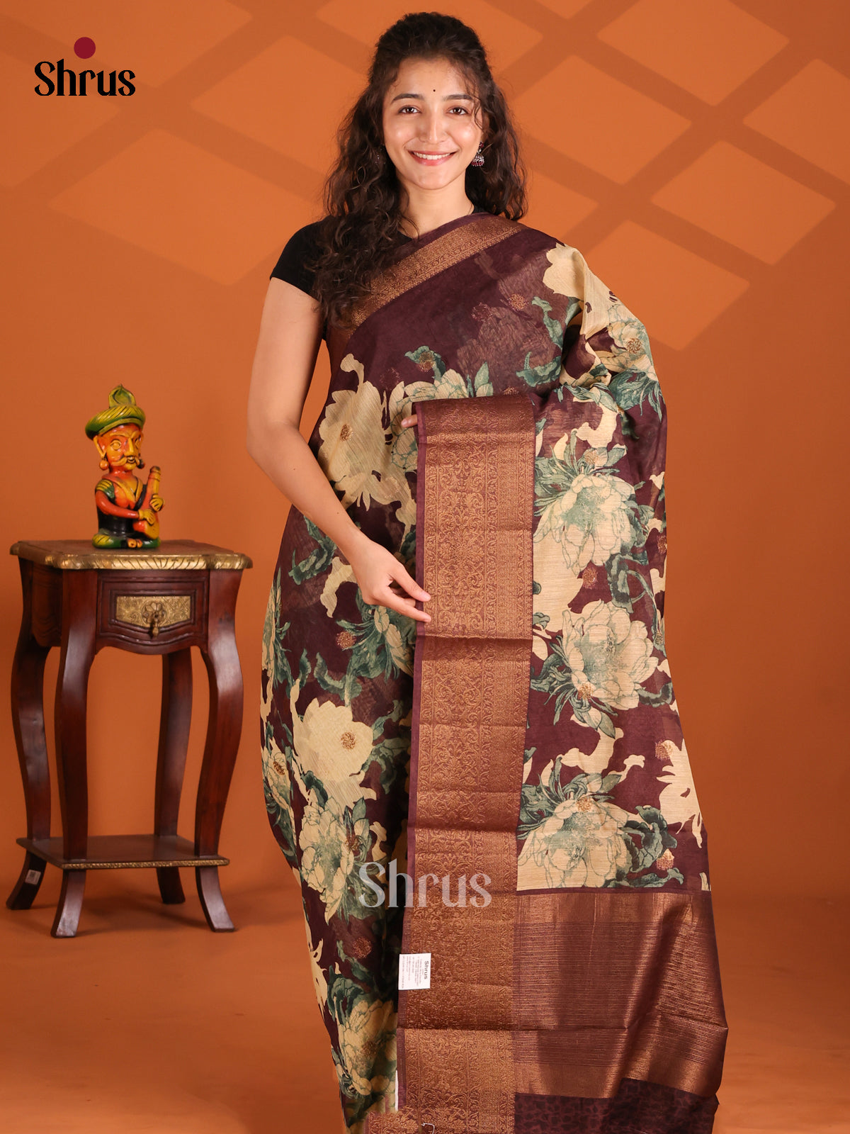 Brown - Semi Linen print Saree - Shop on Shrus.com