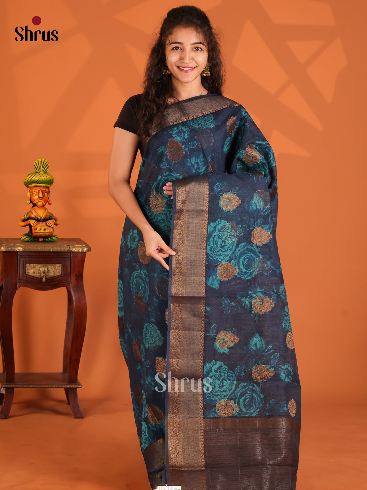 Peacock Blue - Semi Linen print Saree - Shop on Shrus.com