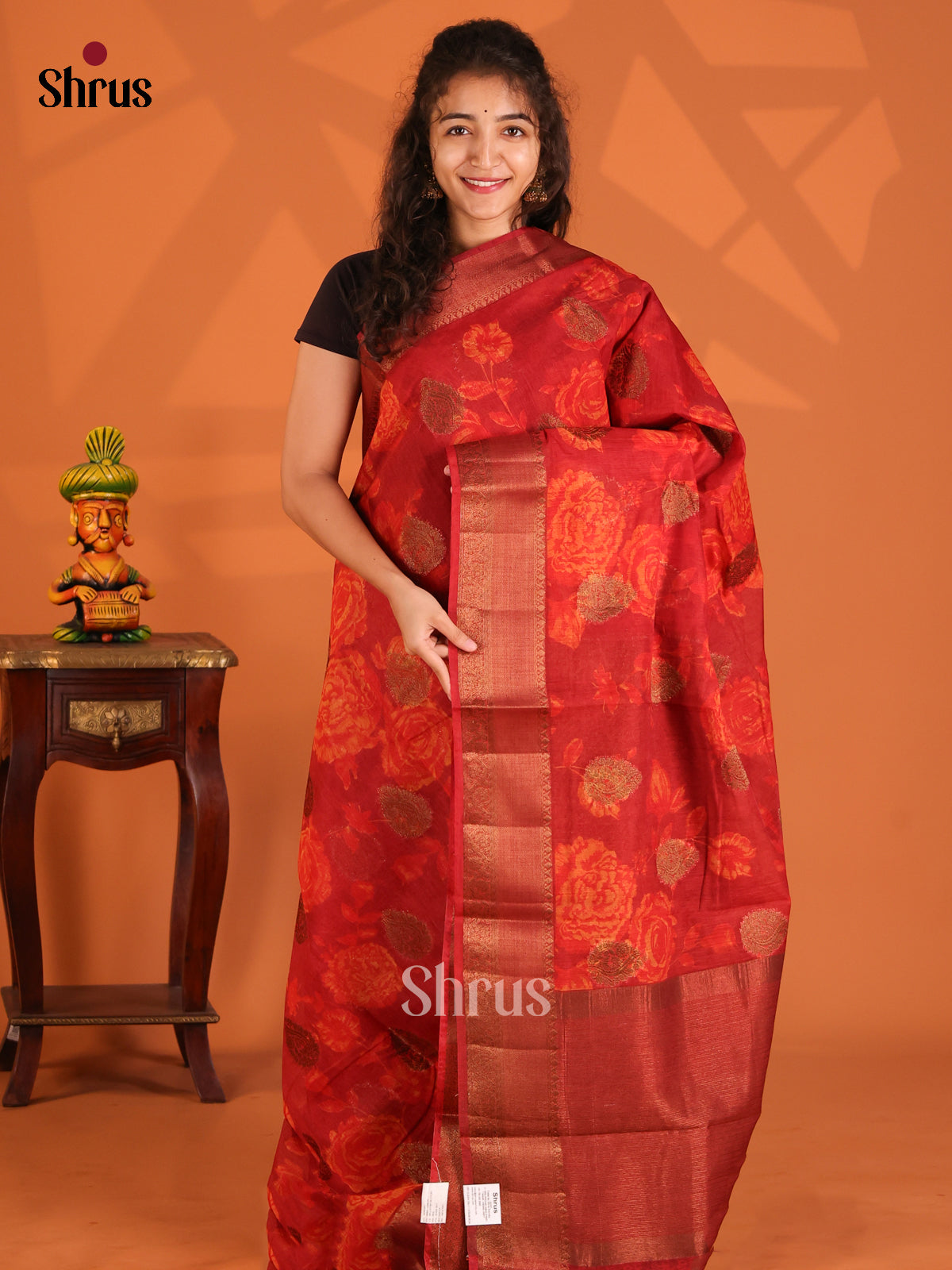 Red - Semi Linen print Saree - Shop on Shrus.com