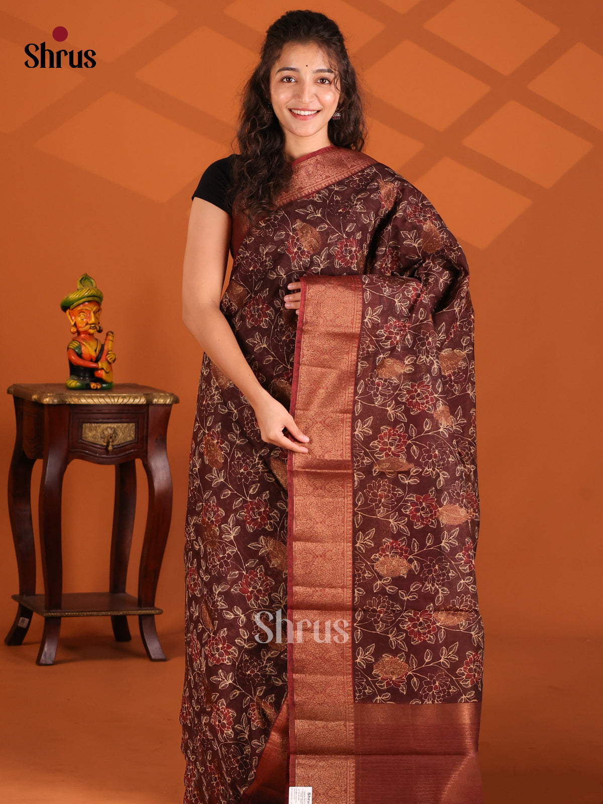 Brown - Semi Linen print Saree - Shop on Shrus.com