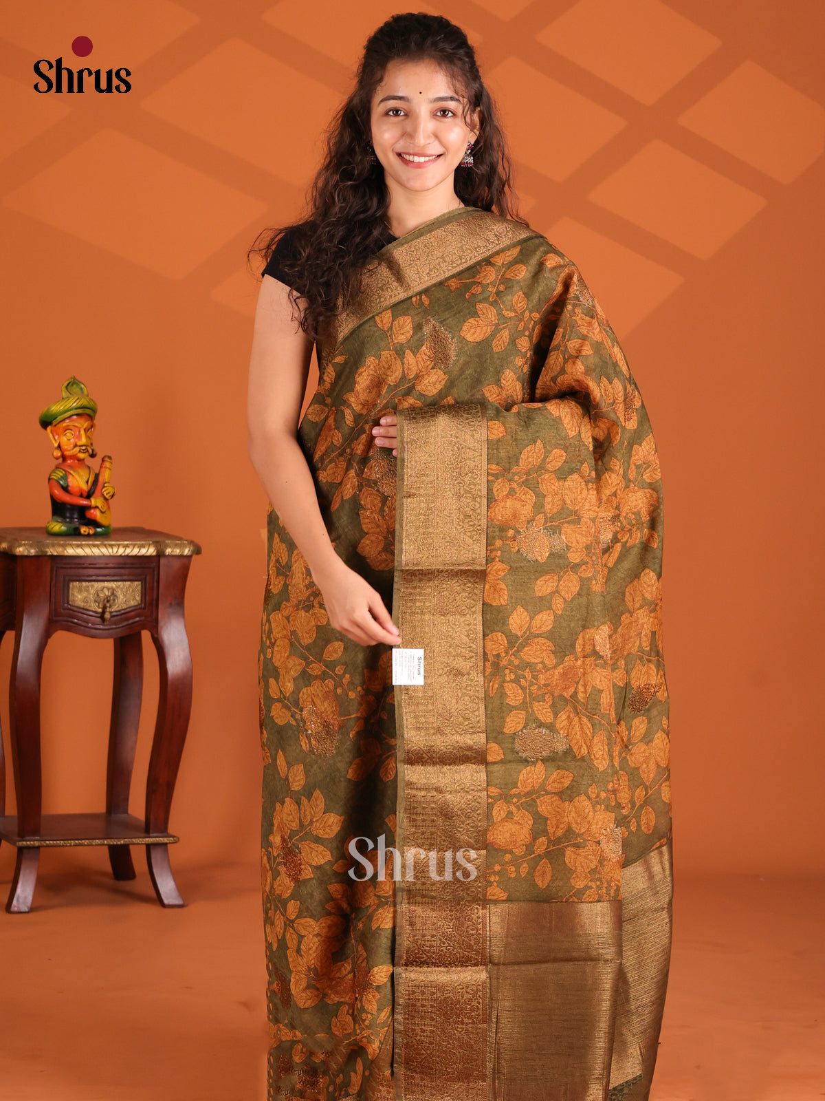 Green & Orange - Semi Linen print Saree - Shop on Shrus.com