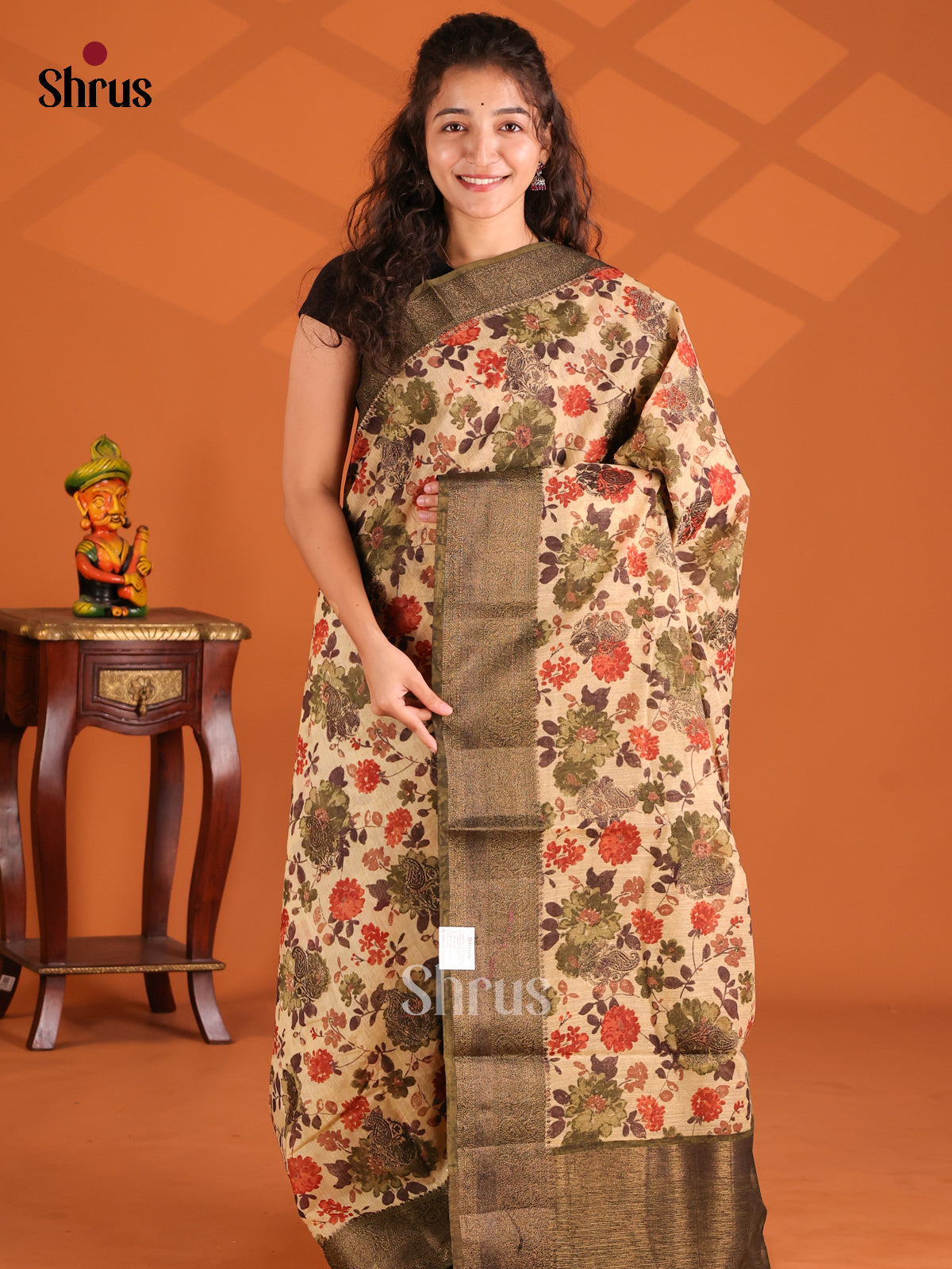 Cream & Green - Linen silk Saree - Shop on Shrus.com