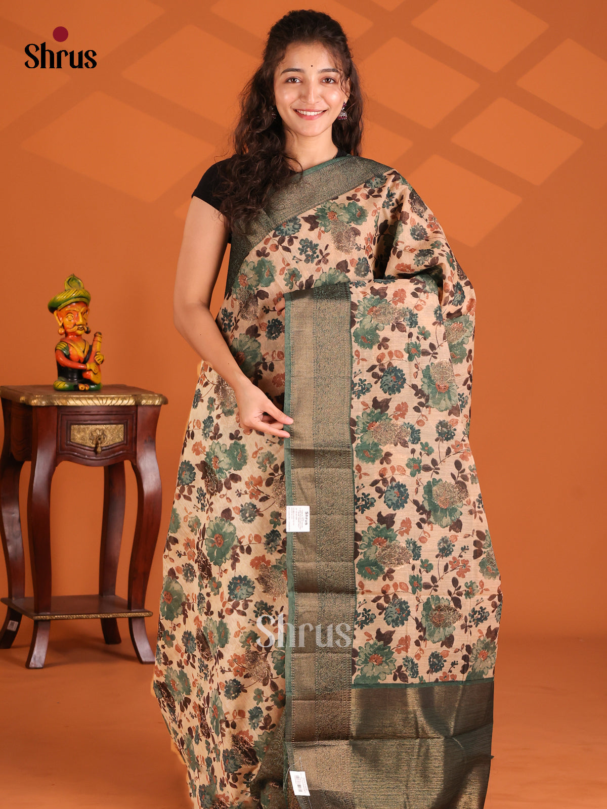 Cream & Green - Semi Linen print Saree - Shop on Shrus.com
