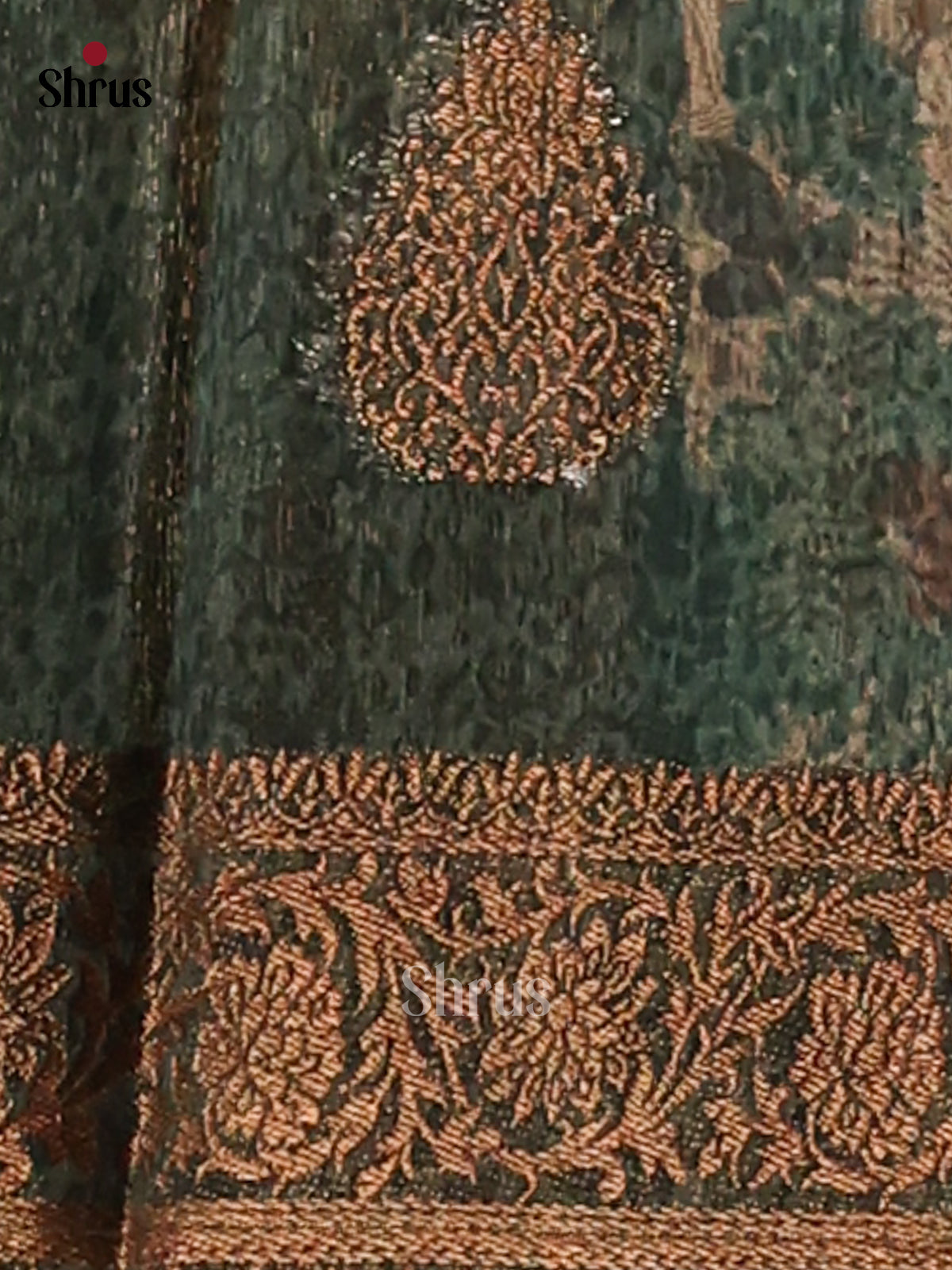 Cream & Green - Semi Linen print Saree - Shop on Shrus.com