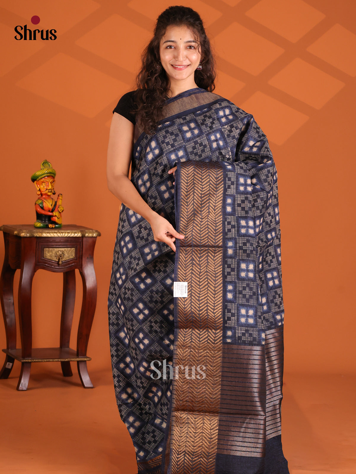 Blue -Semi Linen print Saree - Shop on Shrus.com