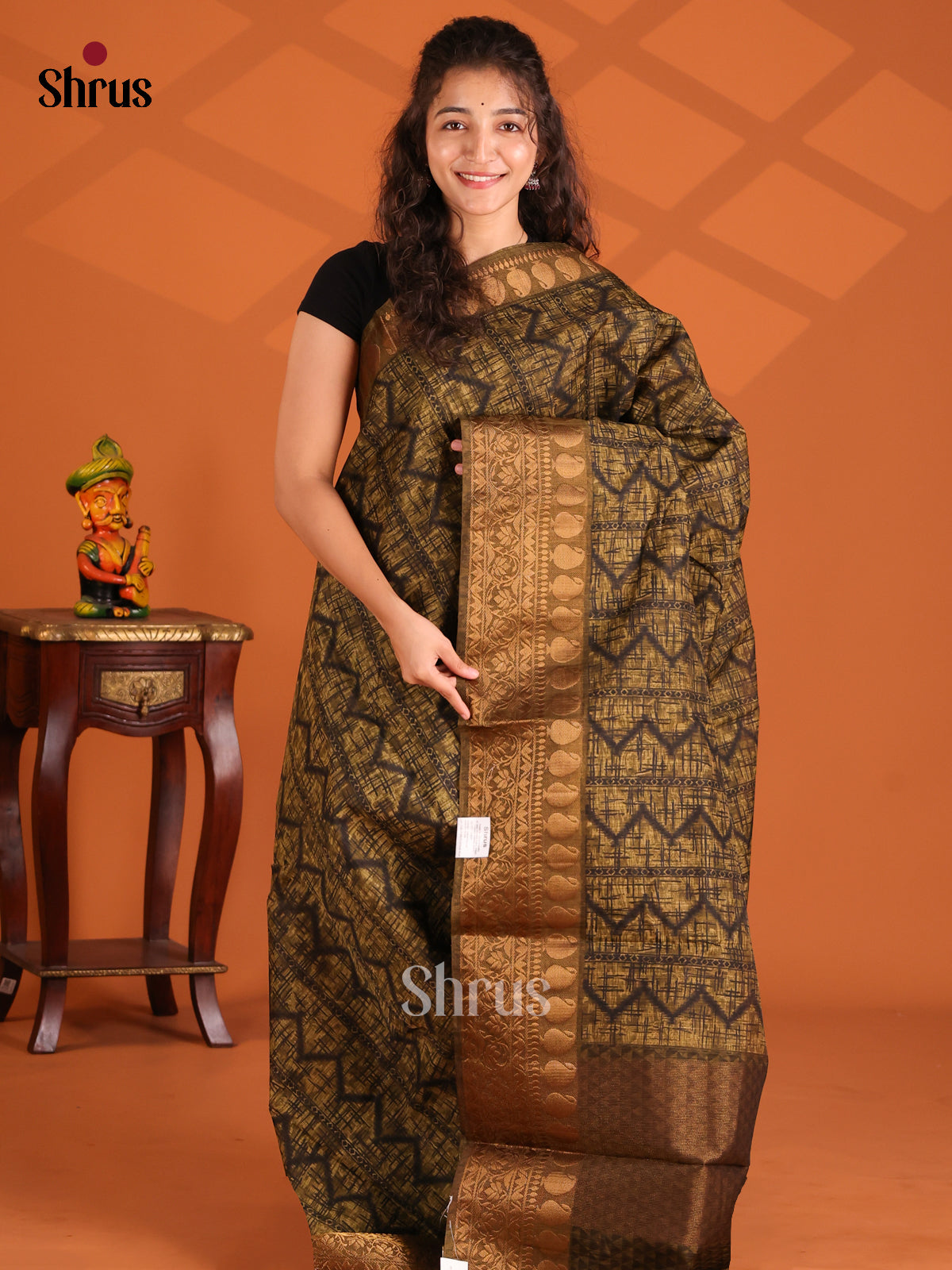 Green - Semi Linen Print Saree - Shop on Shrus.com