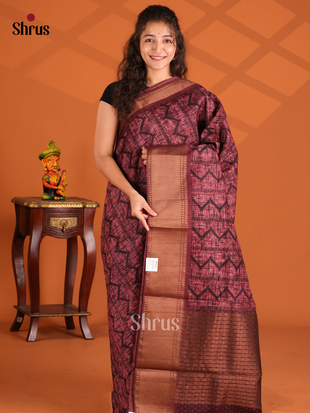 Maroon - Semi Linen print Saree - Shop on Shrus.com